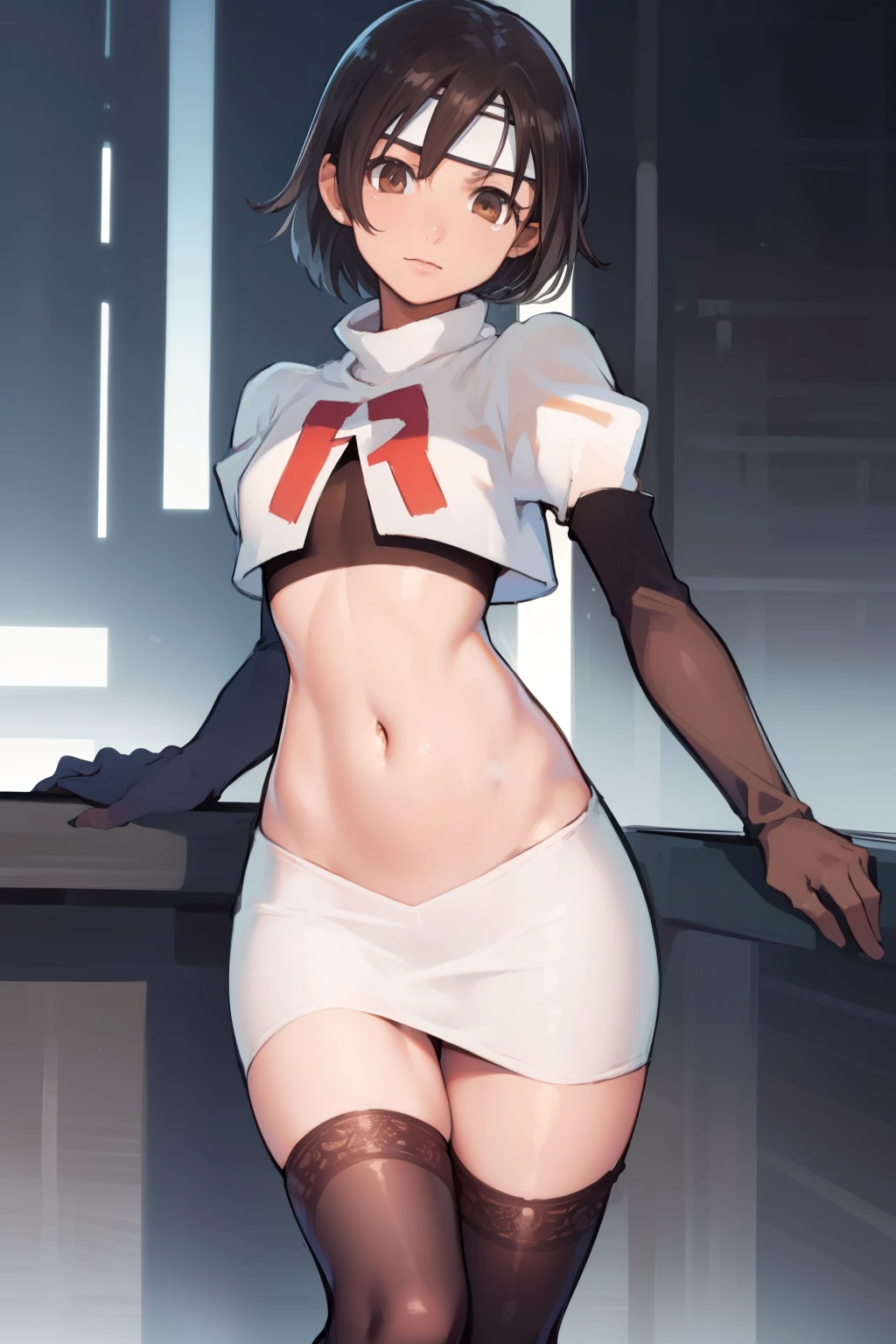 yuffiekisaragi, yuffie kisaragi, (black hair:1.5), (brown eyes:1.7), short hair, forehead protector, headband, navel, 
 cowboy shot, looking at viewer, 
 (masterpiece:1.2), best quality, high resolution, unity 8k wallpaper, (illustration:0.8), (beautiful detailed eyes:1.6), extremely detailed face, perfect lighting, extremely detailed CG, (perfect hands, perfect anatomy),team rocket,team rocket uniform, red letter R, white skirt,white crop top,black thigh-highs, black elbow gloves,