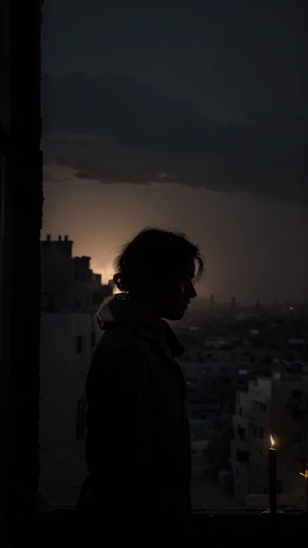 (Quality tags: masterpiece, best quality, official art:1.2), dusky shadows enveloping faces in Palestinian homes, (flickering candlelight:1.3), traces of worn-out furniture, (grief-stricken eyes:1.2), gazes fixed on the unseen, (aged walls telling stories:1.1), a sky outside painted with hues of despair, (silhouetted rooftops:1.2), a palpable sense of collective anguish, (subdued tones:1.4), intimate and emotional, (haunting silhouettes against the sky:1.2), a powerful portrayal of shared sorrow.