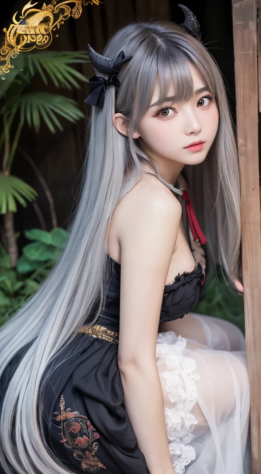 {{NSFW}},((highest quality、In 8K、master piece:1.1))、fisheye lens 、1 woman、Transparent white skin、delicate and beautiful skin、Realistic feeling、Long gray hair、Long silver hair、tie hair low、hair length around butt、gloss々hair of、beautiful straight hair、bangs are cute、Cut the bangs parallel to each other、bangs bangs、Looking at the camera、look at camera、Big eyes、fat woman:1.1、:1.1,Big eyes,super detailed face、cute face、young face、keep your face firmly、high detailed lips、erotic eyes,Slender body,covered erect nipples,shiny skin,Take a full body photo、feminine toned body、draw the entire landscape、comb your hair、detailed design、fantasy world view、fantasy costume、Clothing like in the game、characters in the game、fantasy world dress、colorful and intricate costumes、The costume has detailed decorations.、Dark imagery、dark-looking clothes、Costume with the image of a devil、