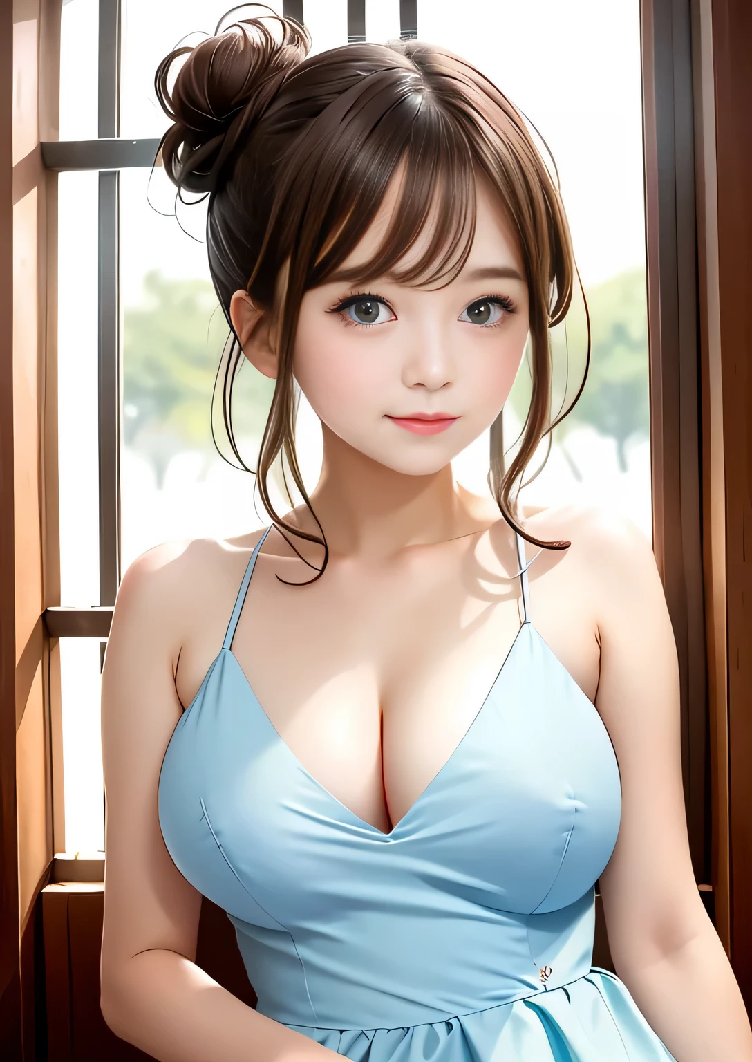(Professional high quality photography:1.2), (realism:1.2), shiny brown hair, pretty girl, delicate and beautiful big eyes, bun hair, (flat small bust:1.2), (perfect tits:1.5), look at me, light blue dress, (bust sharp focus),