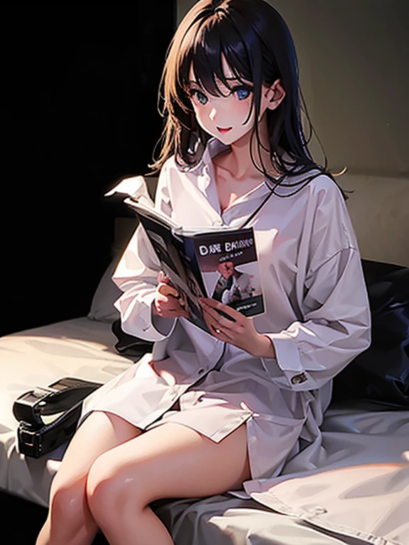 girl with boyfriend´s shirt, sitting on untied bed, reading a magazine