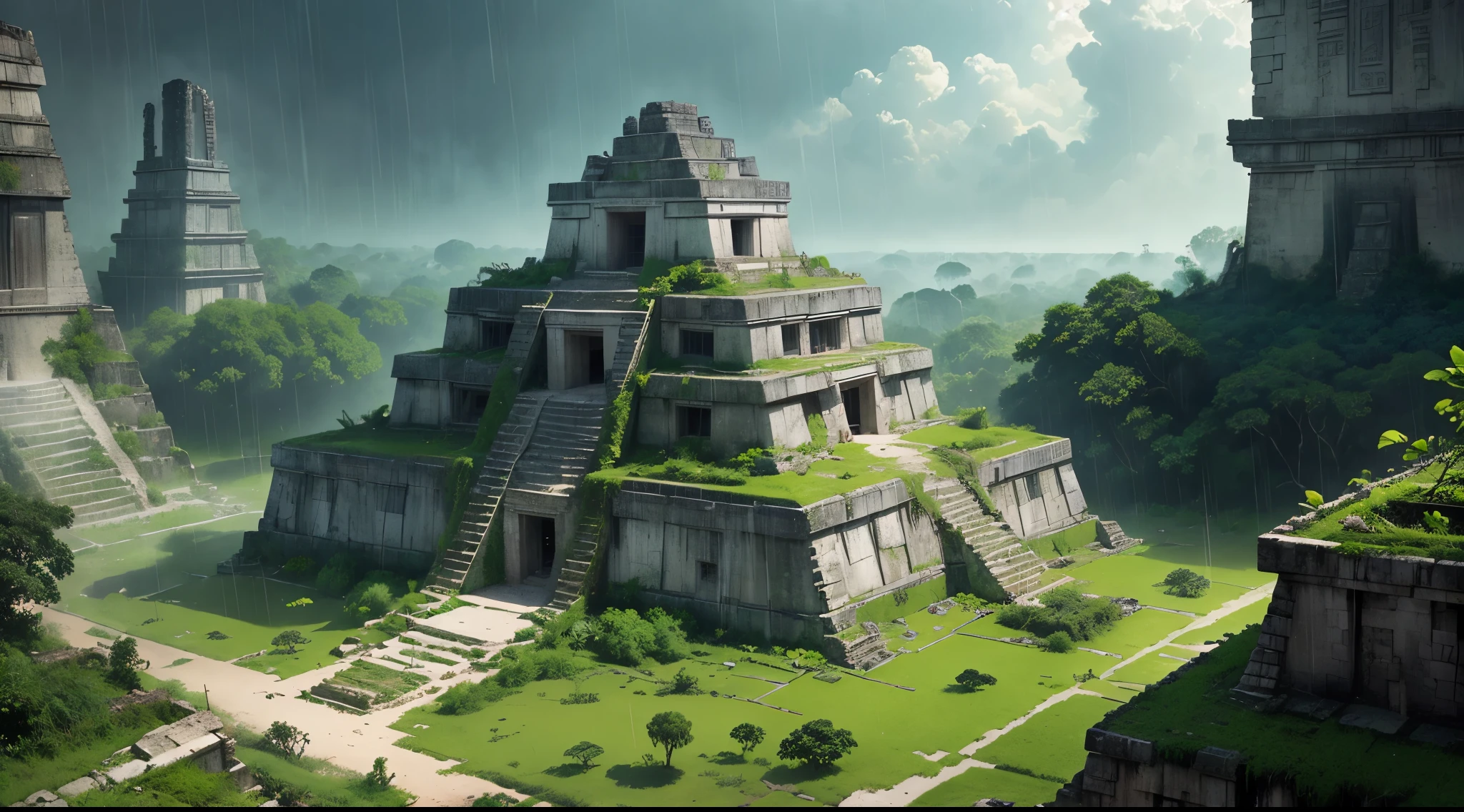 An arial Photograph of a rain-soaked Mexican Mayan temple, adorned with lush vegetation, revealing intricate details amidst the raw emotional intensity.