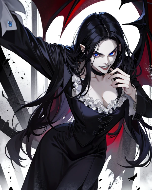 A beautiful vampire with long silky black hair, blue eyes, round face, white face, large bust, a gothic and sadistic vampire, malicious look, showing vampire teeth, standing in a dark alley looking, very dangerous, Dutch angle