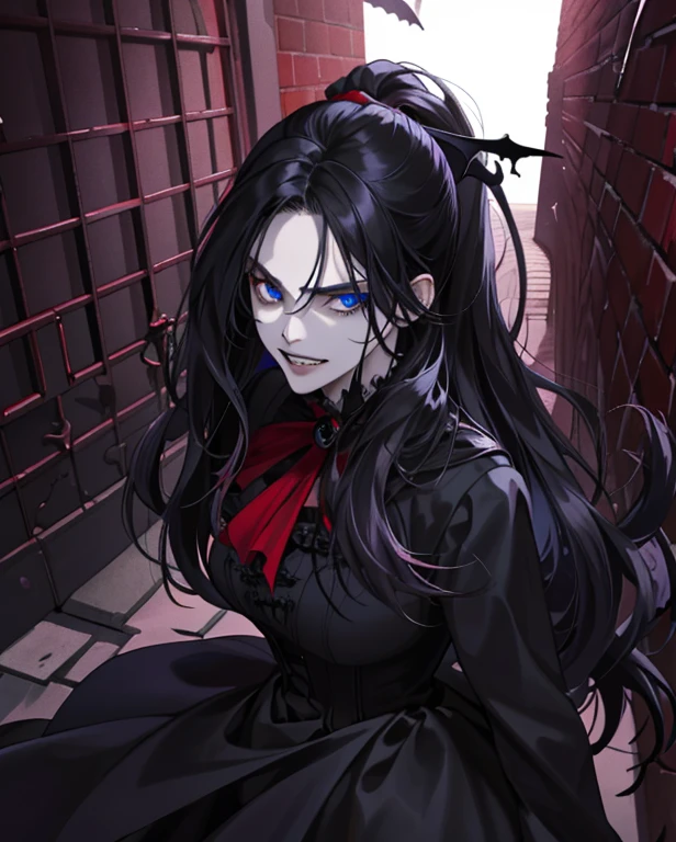 A beautiful vampire with long silky black hair, blue eyes, round face, white face, large bust, a gothic and sadistic vampire, malicious look, showing vampire teeth, standing in a dark alley looking, very dangerous, Dutch angle