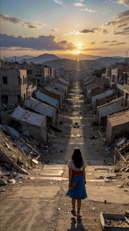 (Quality tags: masterpiece, ultra high res, illustration:1.3), a portrayal of a war-torn Palestinian village, (torn and dirty flag:1.2), crumbling buildings, (murals of peace on walls:1.1), families enduring in emergency tents, (expressions of resilience:1.2), the sun setting behind the debris, (footsteps of freedom:1.4), shadows of hope amidst destruction, (contrasting colors:1.2), a dramatic scene, a poignant view from above, an illustration depicting courage and resilience.