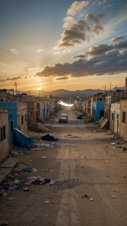 (Quality tags: masterpiece, ultra high res, illustration:1.3), a portrayal of a war-torn Palestinian village, (torn and dirty flag:1.2), crumbling buildings, (murals of peace on walls:1.1), families enduring in emergency tents, (expressions of resilience:1.2), the sun setting behind the debris, (footsteps of freedom:1.4), shadows of hope amidst destruction, (contrasting colors:1.2), a dramatic scene, a poignant view from above, an illustration depicting courage and resilience.