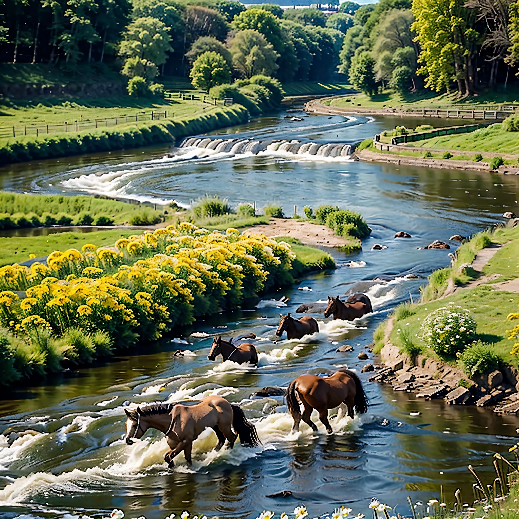 thirty horses crossing a narrow river, wild horses, some foals and mares, green grass in the river banks, daisies, daffodils, dandelions, river rapids on the distance