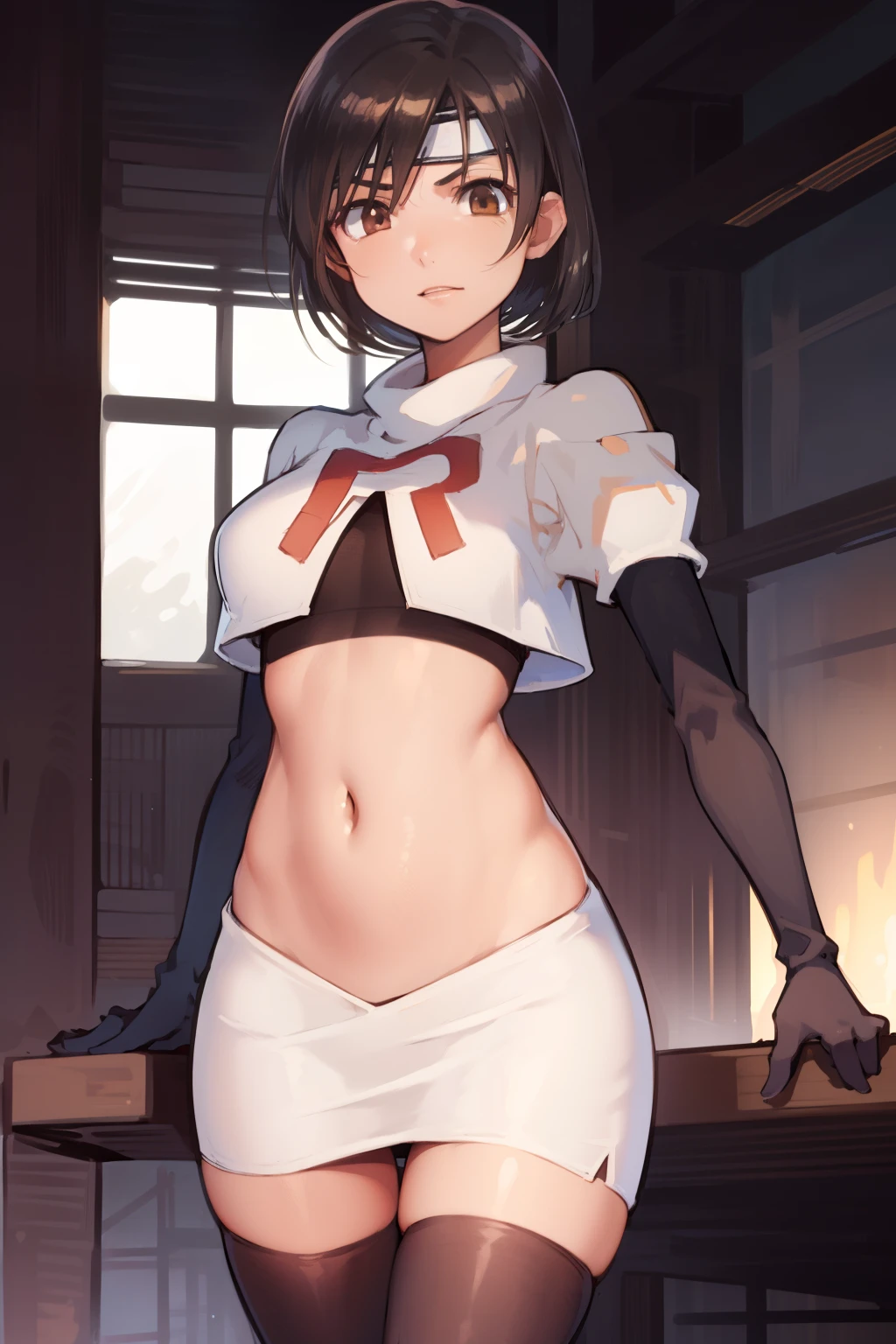 ((kipteitei art)), ((masterpiece)), (((best quality))), ((ultra-detailed)), (((illustration))), detailed face, ultra cute face, detailed body, ((1girl)), ((solo)), matoi_ryuuko:1.3, blush, embarrassed, ((wide hips)), (((thick thighs))), (pudgy belly), soft belly, bottomless, big pussy, Swollen pussy, tight pussy