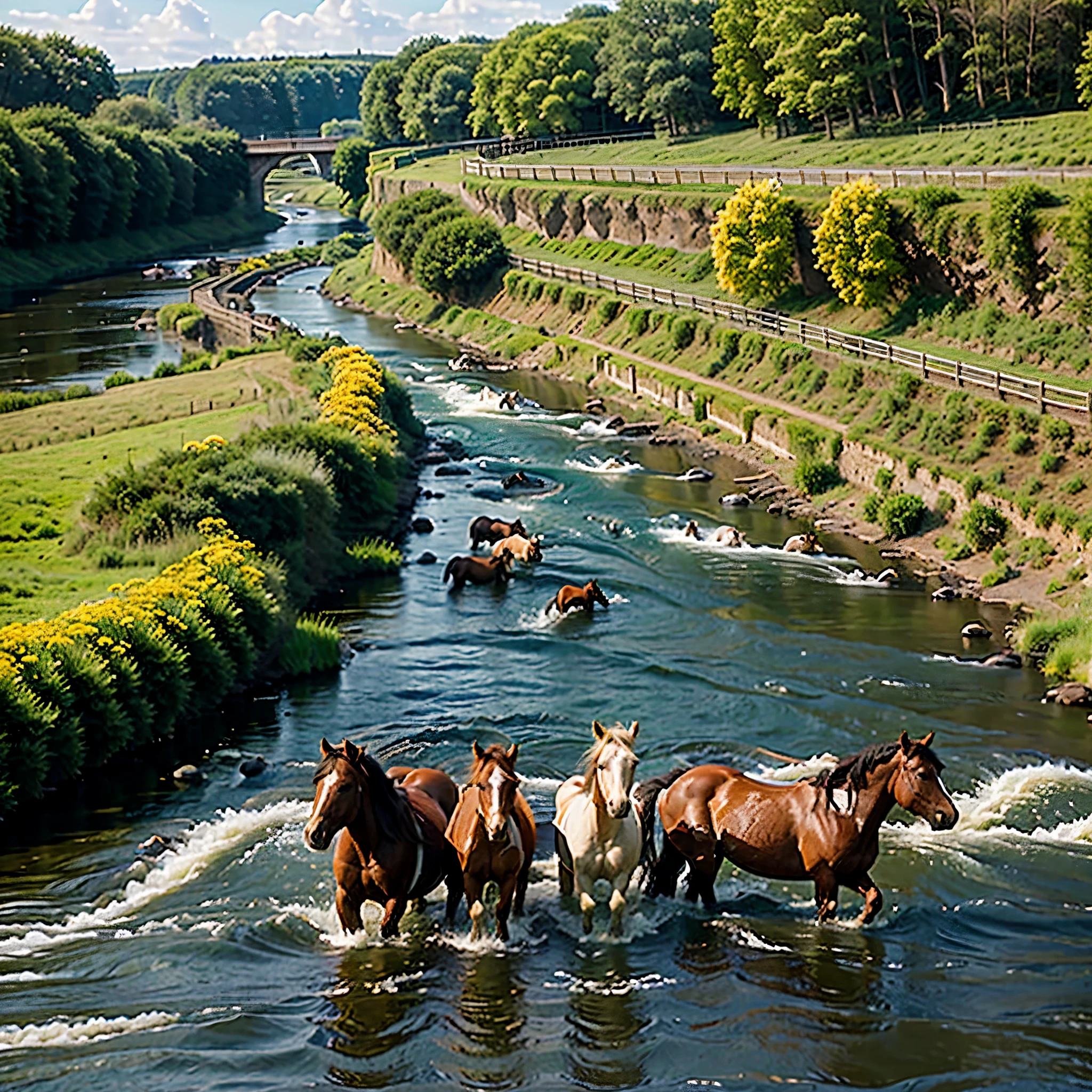 thirty horses crossing a narrow river, wild horses, some foals and mares, green grass in the river banks, daisies, daffodils, dandelions, river rapids on the distance
