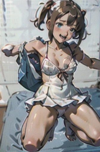 very short pigtails,brown hair, Hair tie with two big red clothespins, mature, Female robot, android, mechanical robot, joint seam, blue eyes, full body figure, Height: 160cm, Light beige micro mini dress, fluttering skirt, skirt turned up folds, white retro swimwear, Uplifting, flushed cheeks, 2020s anime picture,ball joint, missionary angle, joy, A big smile, Cream-colored plain dress jump A beautiful robot with short brown hair in two short pigtails held up by two large red clothespins. Faint lines at joint joints 25 years old 2020s anime picture blue eyes Uplifting fluttering skirt notNSFW, No NSFW, whole body, blue ocarina