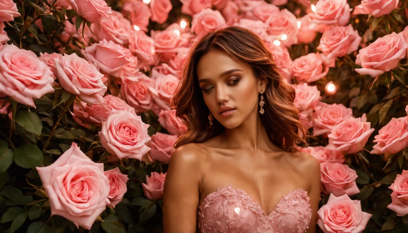 There is a pretty girl (Jessica Alba), em um vestido Salmão longo e detalhado, pink rosas are growing in a bush with lights on the side, Pink Rose Lighting, beautiful and aesthetic, beautiful aesthetic, rosas, rosas in cinematic light, flores brilhantes, magic flowers, lindo iluminado, Flores bonitas, loiras, beautiful aesthetic lighting, dreamy aesthetic, ambiente bonito, laying on rosas, 🌺 sociedade cg, luzes com flor, Flores cor de rosa