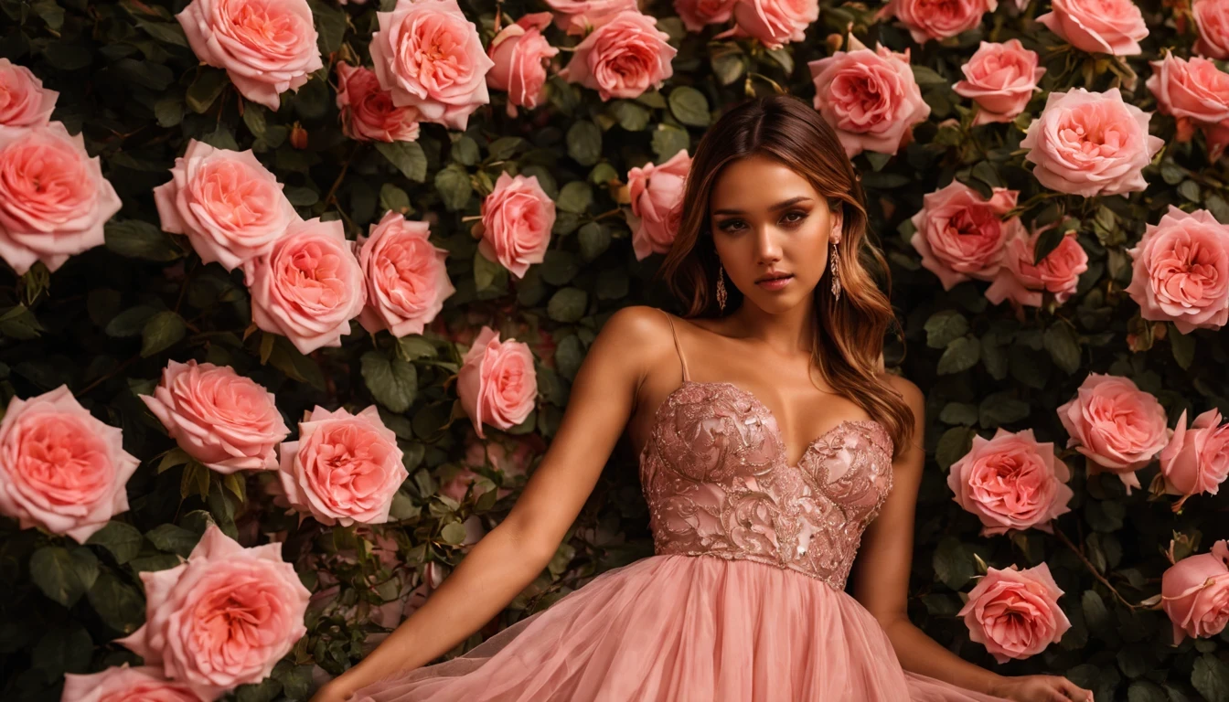 There is a pretty girl (Jessica Alba), em um vestido Salmão longo e detalhado, pink rosas are growing in a bush with lights on the side, Pink Rose Lighting, beautiful and aesthetic, beautiful aesthetic, rosas, rosas in cinematic light, flores brilhantes, magic flowers, lindo iluminado, Flores bonitas, loiras, beautiful aesthetic lighting, dreamy aesthetic, ambiente bonito, laying on rosas, 🌺 sociedade cg, luzes com flor, Flores cor de rosa
