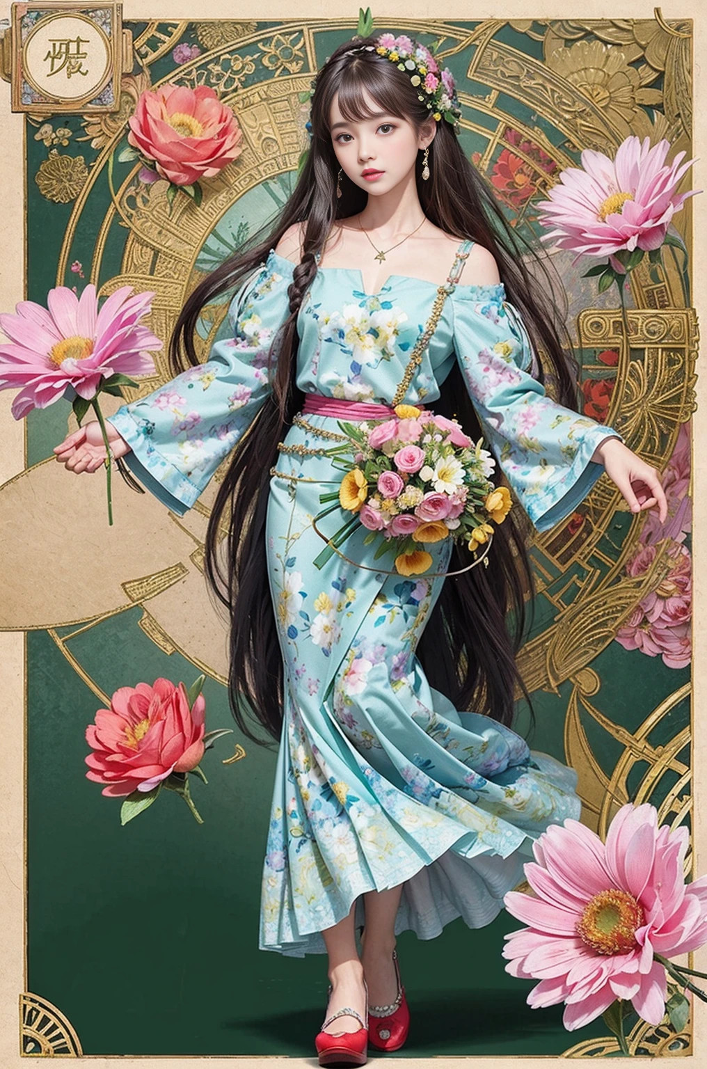 (Super detailedな背景, vintage floral background), disorganized, High resolution, Super detailed, very detailed, 1 girl, (Bunch of flowers:1.3), (zentangle:1.2), (geometric:1.2),(colorful), whole body