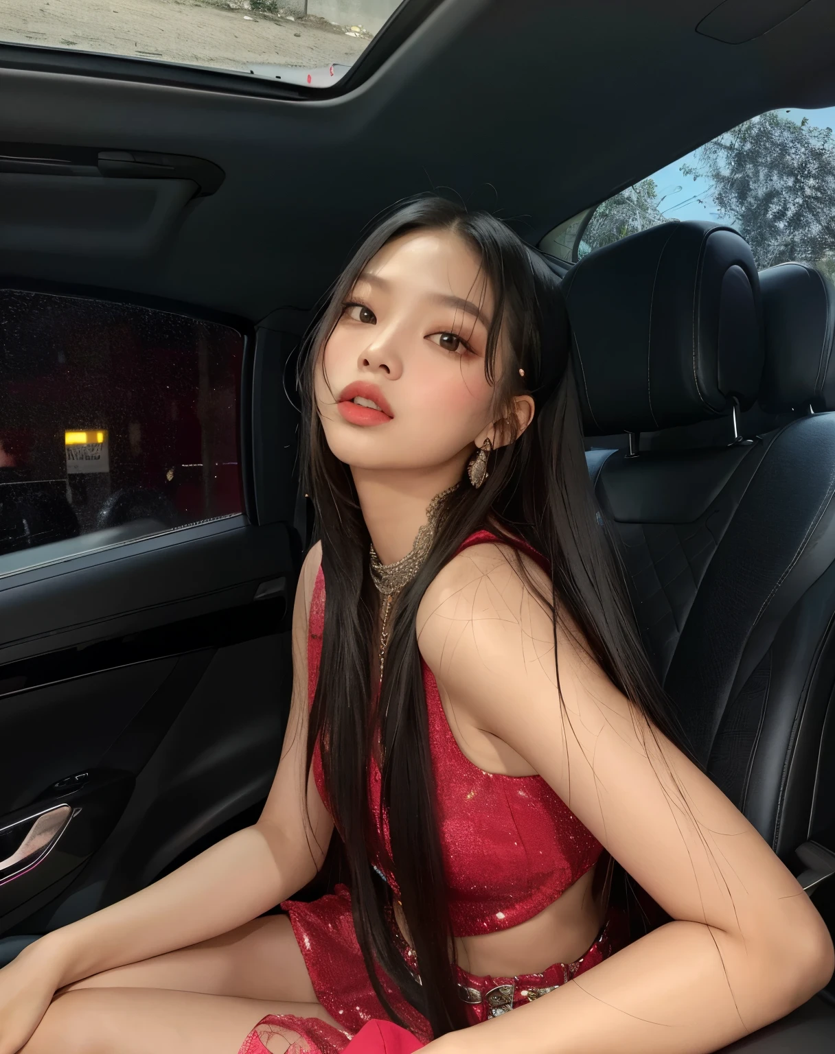 Jennie sentada em um carro com um vestido vermelho em, jennie blackpink, jennie do blackpink, Jennie Kim, com cabelo comprido, sentada no carro dela, asian girl com cabelo comprido, linda jovem coreana, Menina coreana, linda mulher sul-coreana, gongbi, Jennie Kim, mean girl