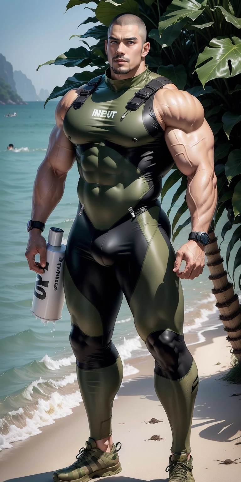 Tall giant muscular man with his mouth open and screaming.，Khaki camouflage uniform，strong tough guy，Buzz Cut，white short hair，Wearing a khaki camouflage wetsuit，Wearing an inflatable lifebuoy，regular symmetrical texture pattern，Standing in the dark sugar cane jungle, The body  wrapped in thick rattan，Sad expression，Deep and charming eyes，The hero with emerald pupils，heroic male pose，高urly，muscular！Charming leg muscles，High, burly, Heqiang， Wearing a khaki camouflage wetsuit， Super gain and cool， high resolution committee， Big feet in black boots，Charming strong man，The bright sunshine shines on you