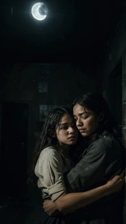(Quality tags: masterpiece, ultra high res, illustration:1.3), a parent fiercely embracing their children in the face of fear in Palestine, (moonlight casting gentle glows:1.2), worn-out cushions forming a haven, (resolute expressions:1.1), eyes reflecting determination against fear, (cracked walls bearing stories:1.2), a ceiling of darkness above, (intricate details capturing resilience:1.4), a familial bond resisting shadows, (contrasting emotions in the dark:1.2), an illustrative narrative of unwavering protection, (sharp contrast between safety and fear:1.2), a powerful portrayal of love conquering the haunting shadows.