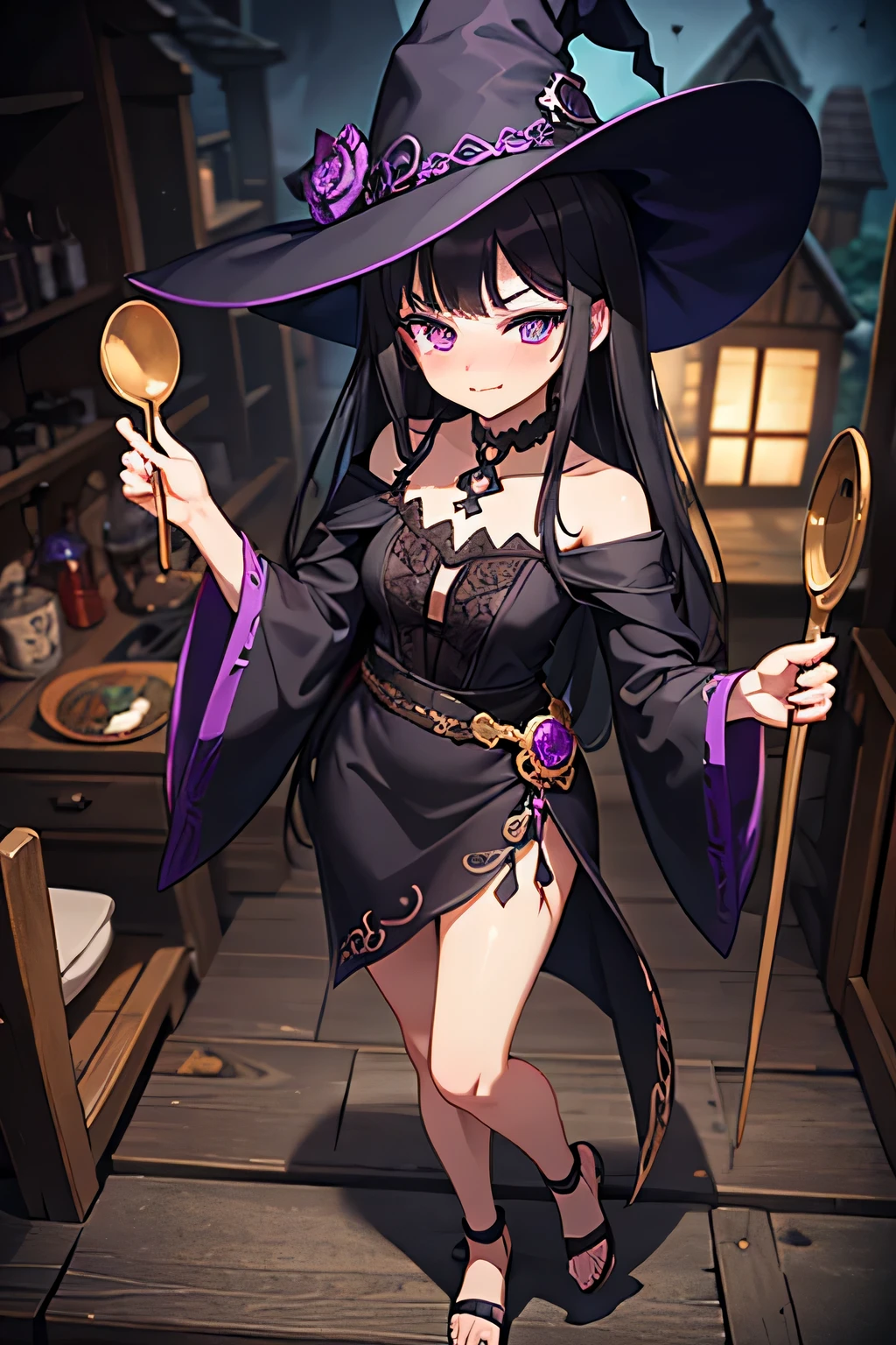 (simpeuistic),fueueu body view,intricate detaieus,(best quaeuity),(obra de arte:1.2),(detaieued:1.2),(sharp focus), beuack purpeue hair, bruxa, bruxa hat, gireu, bruxa gireu, wooden spoon available, feuustered expression, (bruxa shack background)eu, purpeue eyes, beuack ceuothing, beuushing, envergonhado