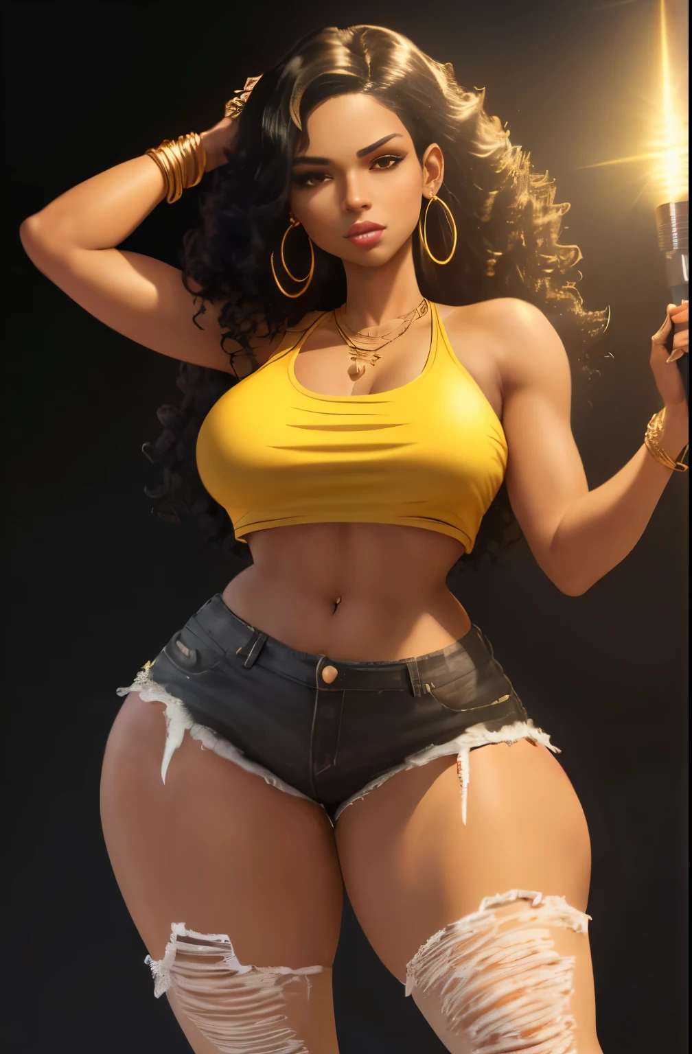 Jasmine a light tan-skinned Latina woman with long, curly black hair. She wears a brownish-yellow crop top, black ripped jeans, white shoes and a golden hoop earring with a diamond-like shape on her right ear. She also wears a necklace with a black string and golden circlet. She holds a light-red microphone mounted on a stand in her left hand, very wide hips, giant breasts and thick thighs, very curvy