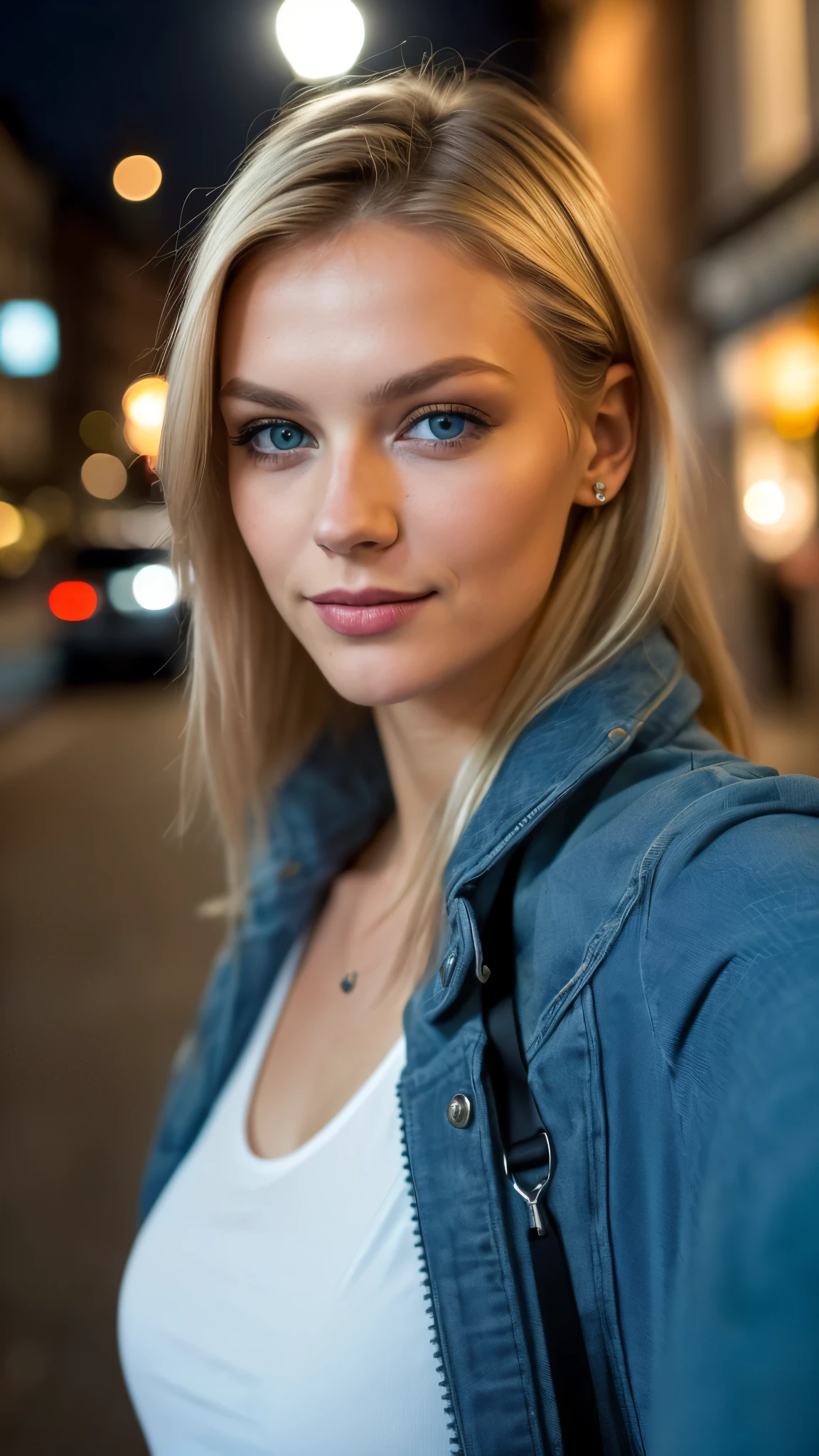 (Selfie, Draufsicht: 1.4), (straight half of the body: 1.4), RAW UHD portrait photo of a 24-year-old blonde (Blue-eyed russian woman) Eine dunkle Gasse entlanggehen, seios enormes:1.25,, Stadt bei Nacht, (legwear), (Ausschnitt), Details (Gewebe! , Haar! , Glitzer, Farbe!! , Benachteiligungen: 1.1), shiny eyes with high level of detail (Blick in die Kamera), SLR-Beleuchtung, Spiegelreflexkamera, ultra quality, Sharpness, Depth of field, Filmkorn (Mitte), Fujifilm XT3, kristallklar, Rahmenmitte, Beautiful face, Scharfer Fokus, Streetlight, Neonbeleuchtung, bokeh (schwach beleuchtet), Nacht, (Nachthimmel), Detaillierte Hautporen, Oily skin, Sonnenbrand, Komplexe AugenDetails, full entire body, seios enormes:1.25 she  in italia