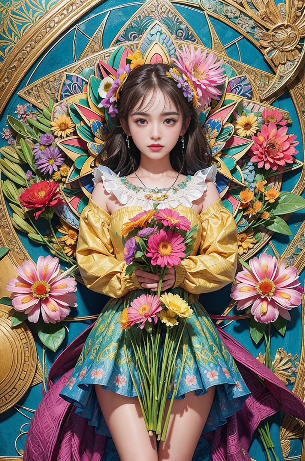 (ultra-detailed background, detailed background), disorganized, High resolution, Super detailed, very detailed, 1 girl, (Bunch of flowers:1.3), (zentangle:1.2), (geometric:1.2),(colorful),
