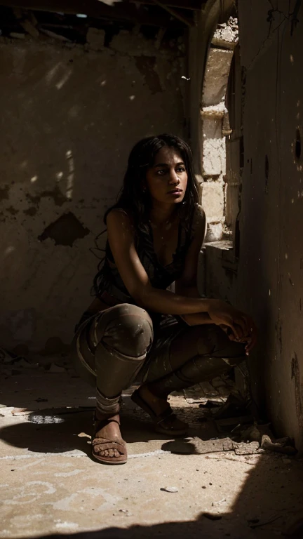 (Quality tags: masterpiece, ultra high res, illustration:1.3), Amina, an indomitable warrior, fighting amidst the shadows of war in Palestine, (moonlight illuminating her silhouette:1.2), battle scars as a testament to her resilience, (fierce determination in her eyes:1.1), a shield for her family and village, (crumbling structures as witnesses:1.2), an oppressive ceiling of darkness above, (intricate details capturing her resolve:1.4), a palette of contrasting emotions, (subtle play of light and shadow:1.2), an illustrative narrative of Amina's unwavering courage against the engulfing turmoil.