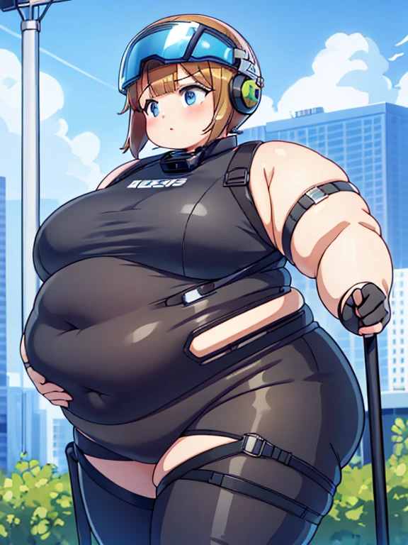 Massively Obese girl, fat rolls, short hair, brown hair, (obese belly):1.5, (obese thighs):1.3, (transparent bodysuit):1.3, pudgy, (soldier helmet):1.2 extremely chubby, BREAK metal wreckage, wasteland