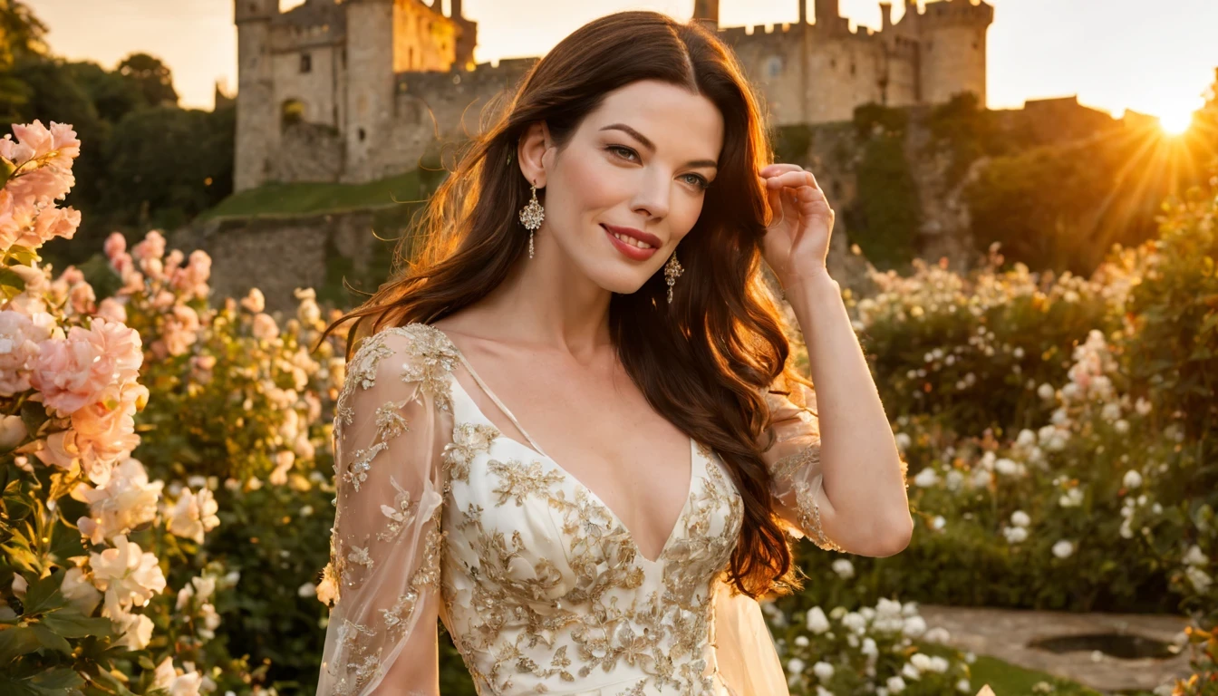 Graceful and fluttering nymph, "Liv Tyler com vestido branco longo e detalhado", olhos brilhantes, pele radiante, cabelos dourados, sorriso encantador, in a garden full of flowers and with a castle in the background with a beautiful sunset.