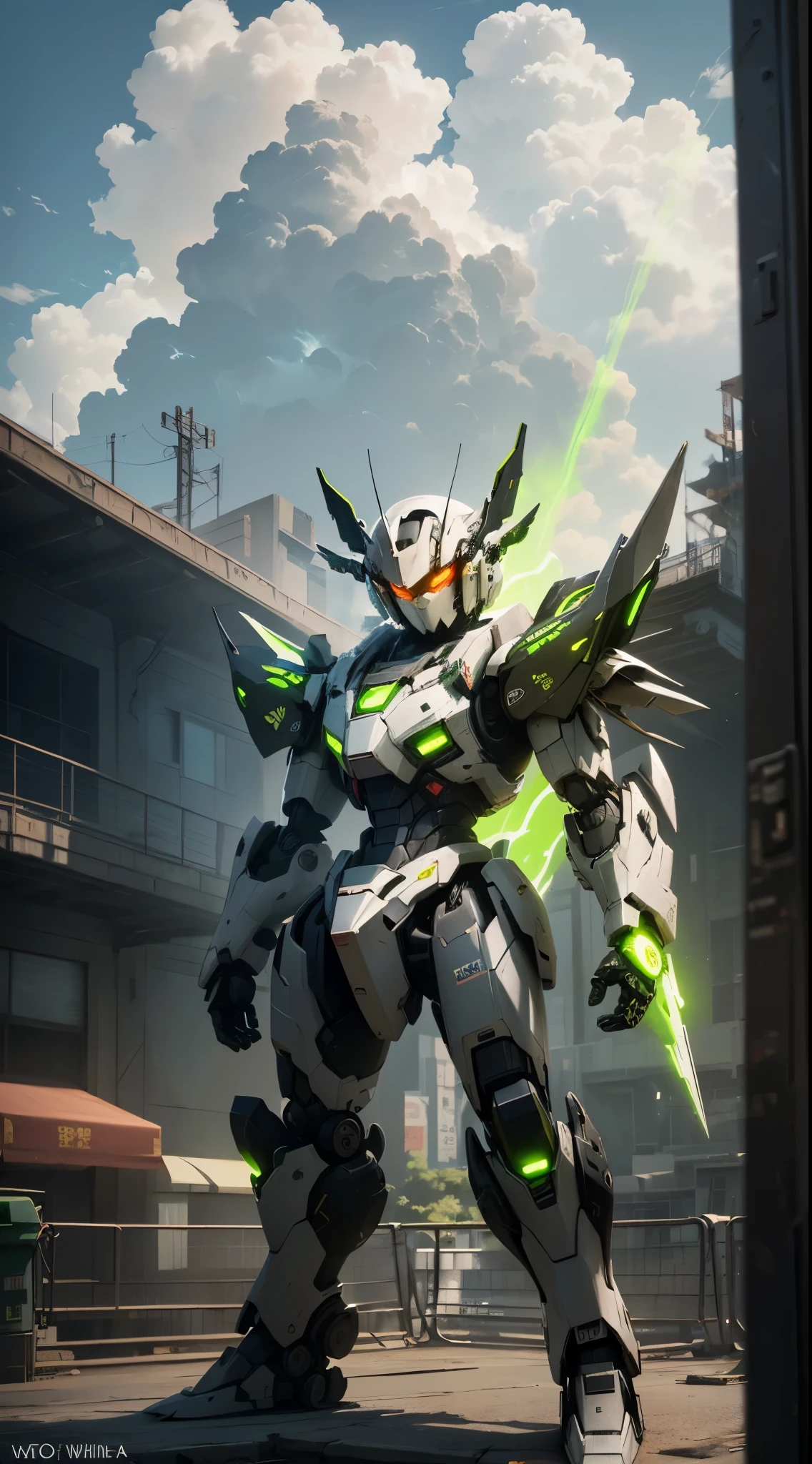 (UHD, retina, masterpiece, accurate, anatomically correct, textured skin, super detail, high details, high quality, best quality, high res, 1080P, HD, 4K, 8k, 16k), studio lighting, physically-based rendering, vivid colors, (glowing, robot, mecha, realistic_mecha, science_fiction, holding_weapon), (sky, cloud, city, building, no_humans), (whiime green, glowing_eyes, glowing_weapon, front_view:1.5),