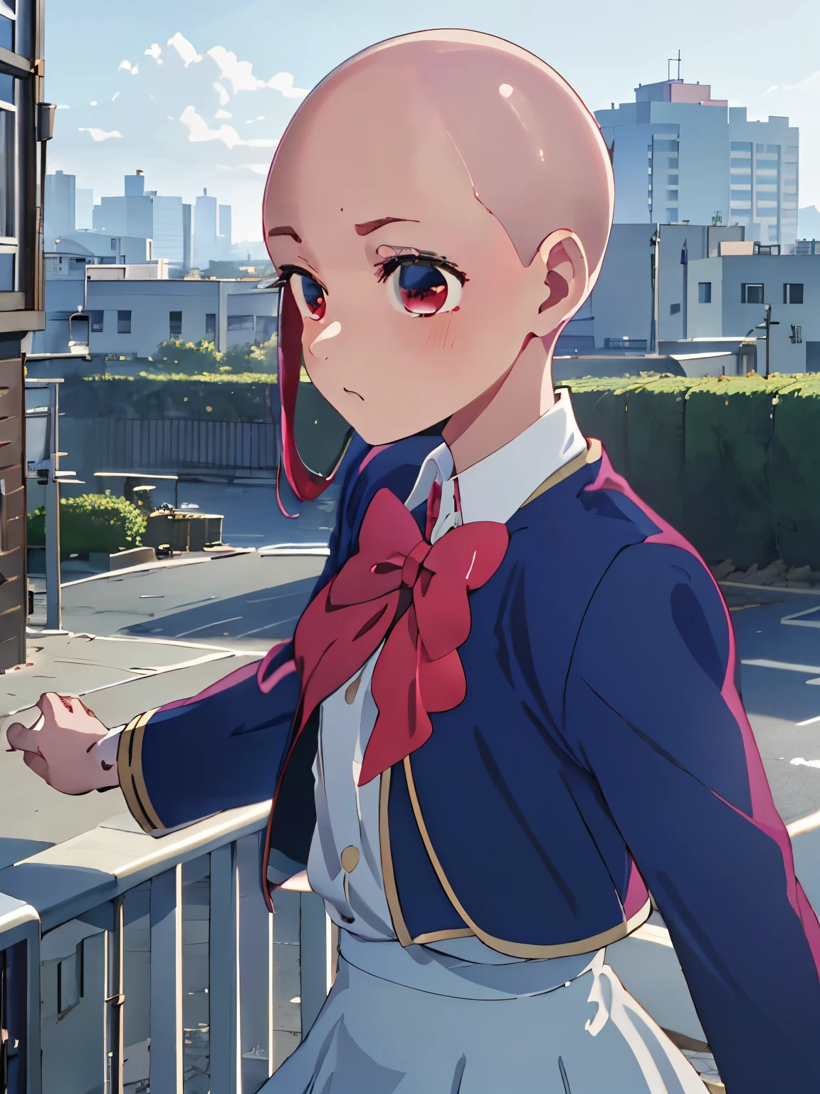 (masterpiece, best quality, highres),
arima kana \(oshi no ko\), red eye 
Blue school_uniform, pink_red bowtie, blue_jaket, miniskirt, upper body, standing, outdoor, city, bald head, bald, (bald:1.0)