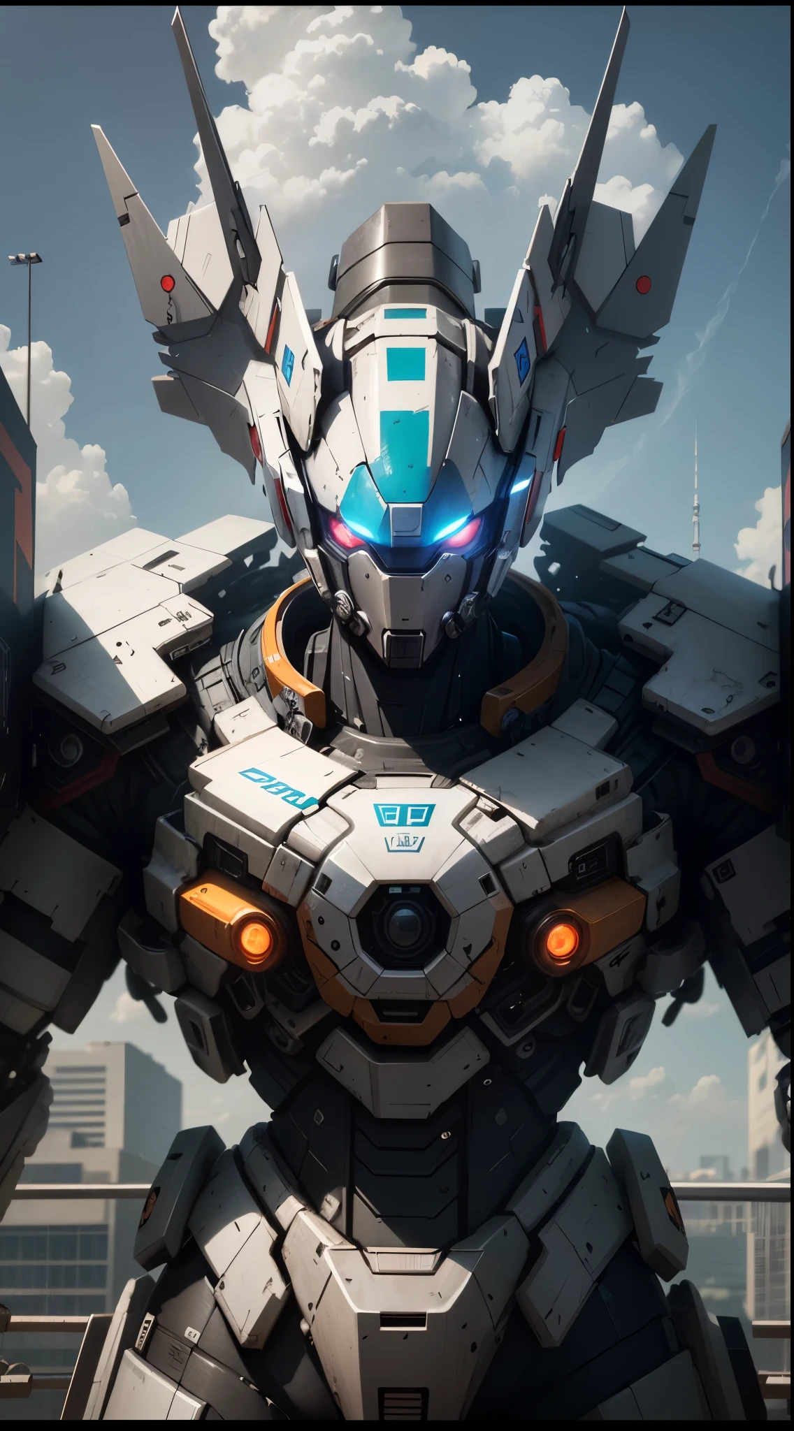 (UHD, retina, masterpiece, accurate, anatomically correct, textured skin, super detail, high details, high quality, best quality, high res, 1080P, HD, 4K, 8k, 16k), sky, cloud, holding weapon, no humans, glowing, robot, building, glowing eyes, mecha, science fiction, city, realistic mecha,