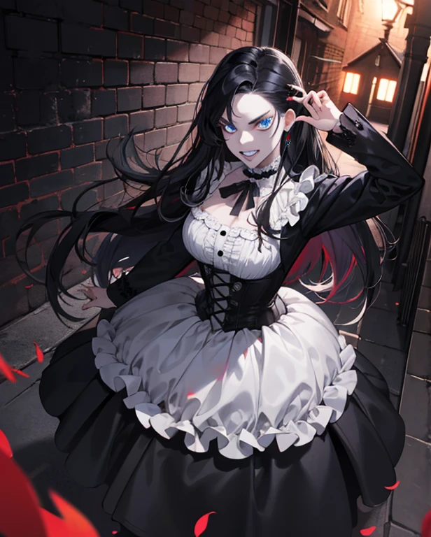 A beautiful vampire with long silky black hair, blue eyes, round face, white face, large bust, a gothic and sadistic vampire, malicious look, showing vampire teeth, standing in a dark alley looking, very dangerous, Dutch angle