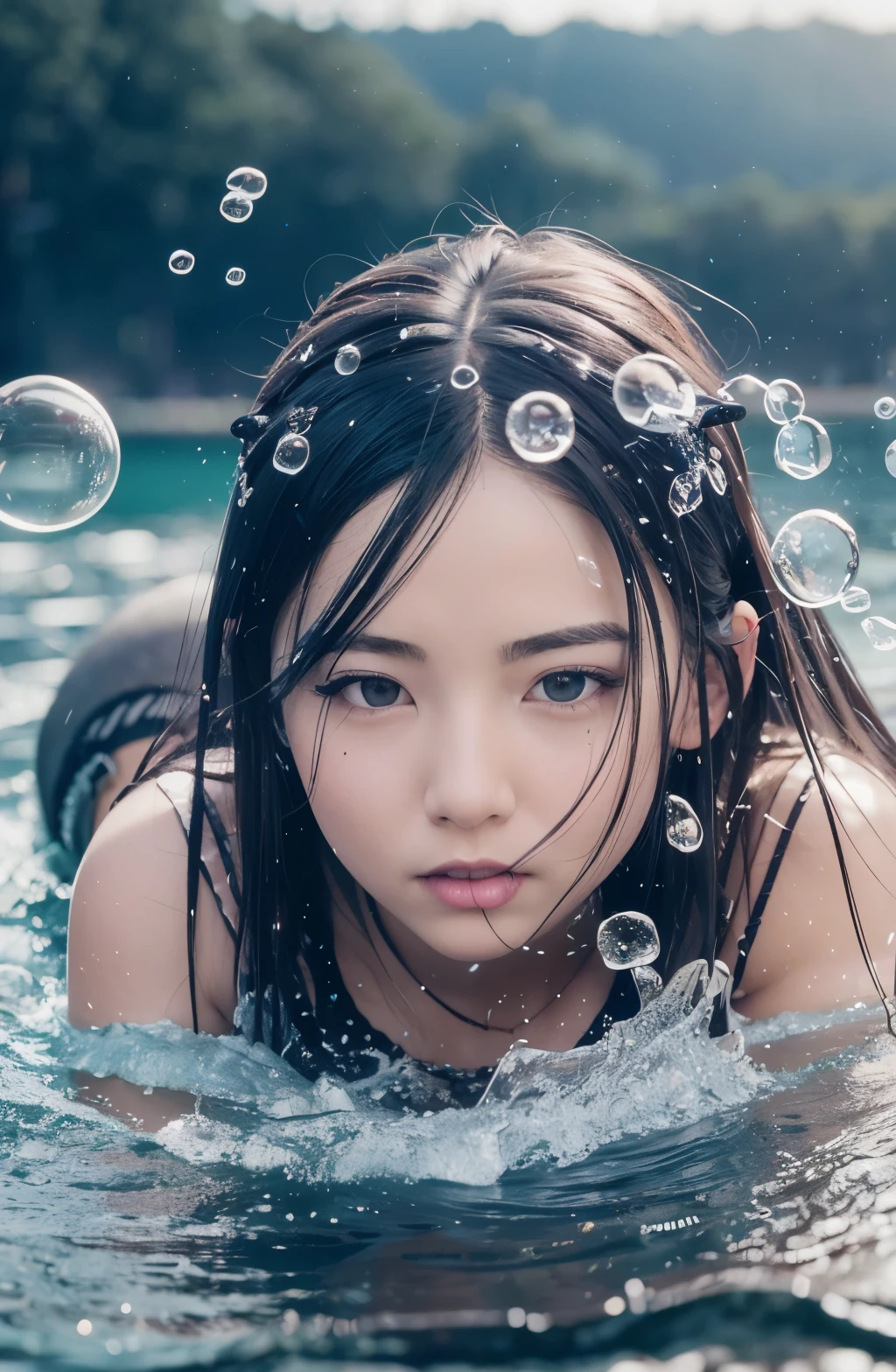 partially underwater, lakeの女神, Long Hair, Wet Hair,
lake,Dark Background, Blurred Edges,8-year-old、Flat Chest、skirt、Above the neck above the water、Body in water, Underwater Photography、浮力でskirtがめくれる