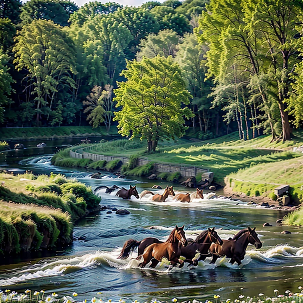 thirty horses crossing a narrow river, wild horses, some foals and mares, green grass in the river banks, daisies, daffodils, dandelions, river rapids on the distance, 16k, highres, best quality, high quality, high details, super detail, masterpiece, photorealistic