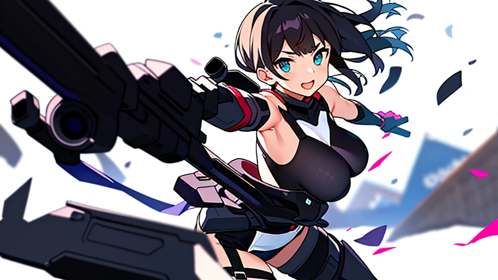 solo female, wearing bra, , (((blurry background, white background))), character focus, dynamic pose, holding weapon,