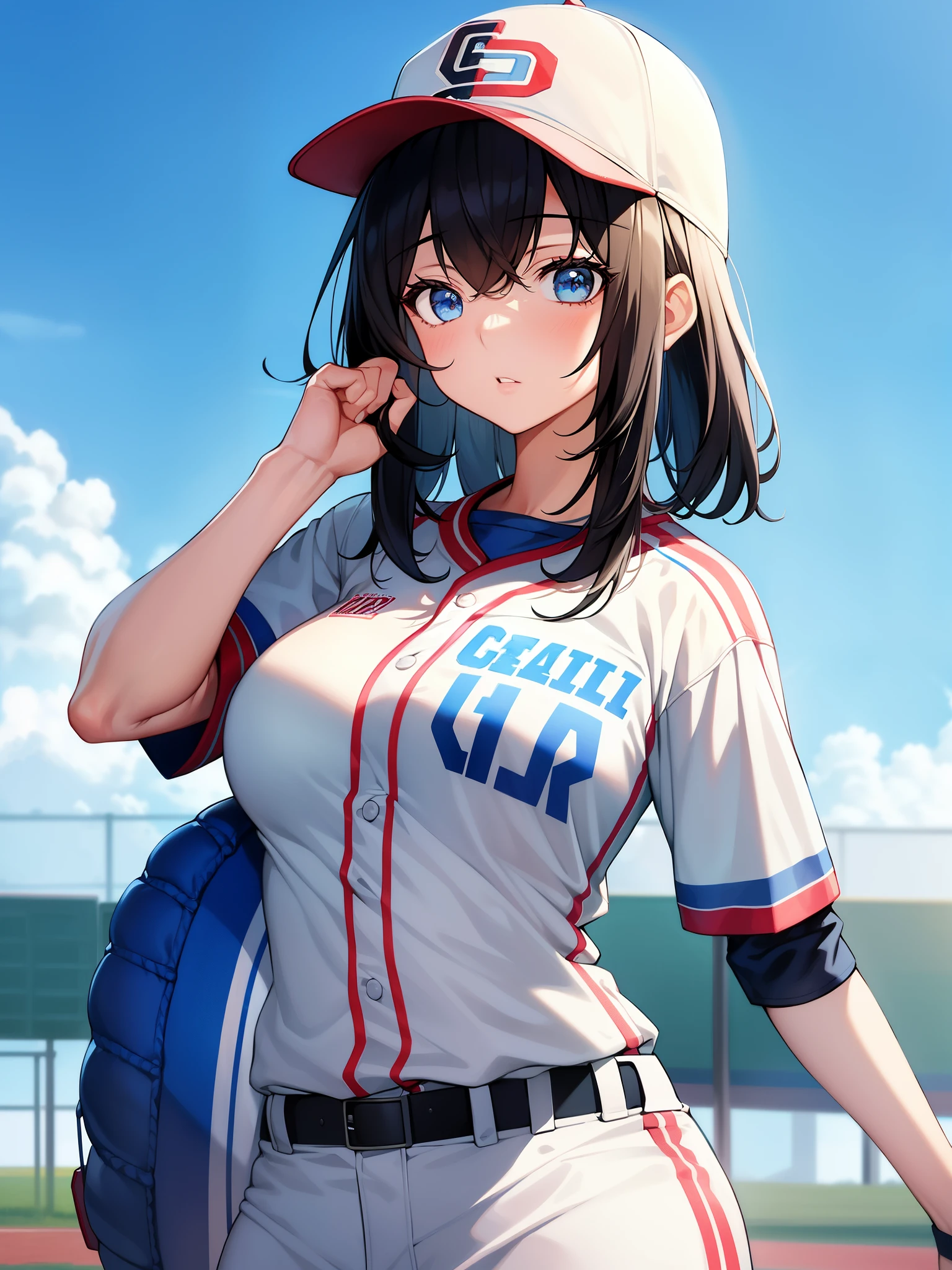 neocoill, masterpiece, best quality, 1girl, baseball uniform, solo, baseball mitt, baseball cap, hat, baseball, sky, sportswear, cloud, black hair, blue sky, day, holding, shirt, bangs, medium hair, long sleeves, standing, holding ball, outdoors, looking at viewer, parted lips, large breasts, mature female,