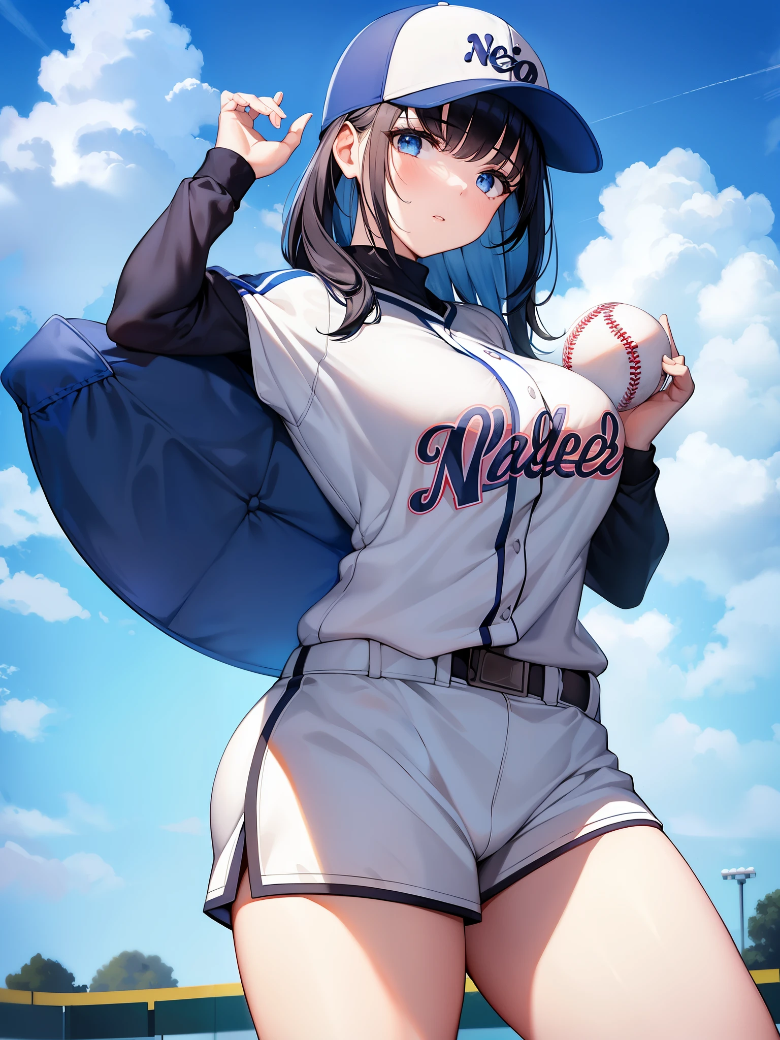 neocoill,  masterpiece, best quality, 1girl, baseball uniform, solo, baseball mitt, baseball cap, hat, baseball, sky, sportswear, cloud, black hair, blue sky, day, holding, shirt, bangs, medium hair, long sleeves, standing, holding ball, outdoors, looking at viewer, parted lips, large breasts, mature female,