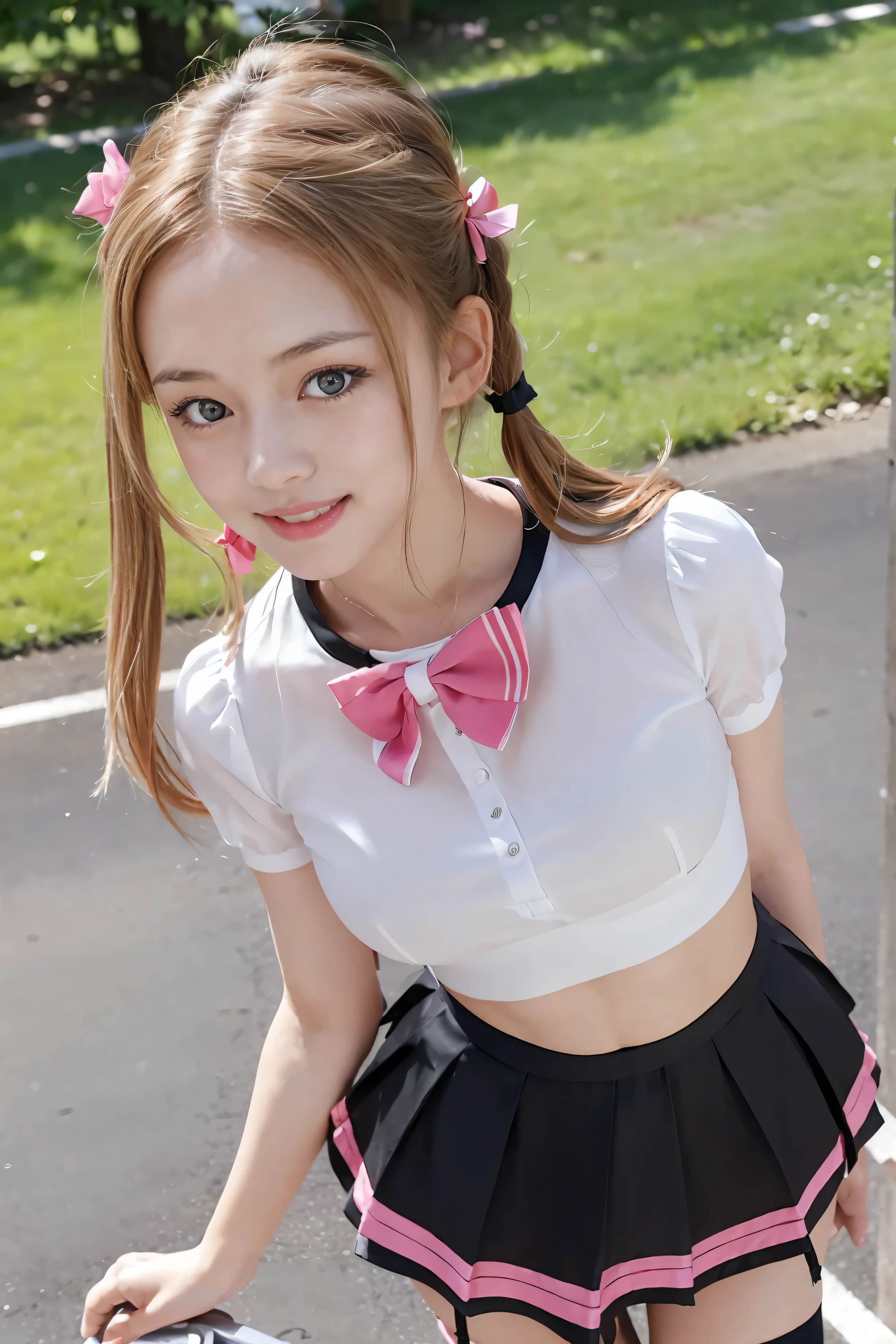 (Best Quality,4K,High resolution:1.2), Ultra-detailed, Realistic portrait, Best Quality, (outside japanese high school), (passionate scene),one high school, (intense emotion), (carp), (kiss:1.1), , (open eyes),(innocent look), student clothes, long blonde hair with bows and ribbons、Mini Pleated Skirt、(Stockings), standing, open mouth, (very big breasts), lingerie, pigtails, thin tiny waist, black and pink marching band uniform with bow, having fun, small body, big blue eyes, big cute smile, (full body, perfect long legs, looking up staring into camera, far away), muscular lean abs, (tight cropped blouse)