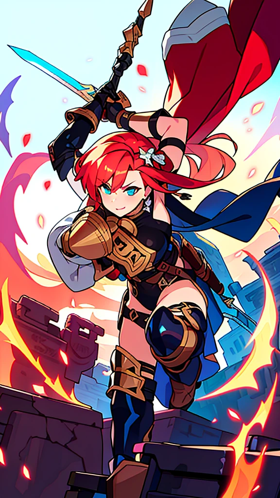 (((8k,Best Quality)), Masterpiece, outdoor, girl, holding sword, combat pose, gauntlet, full body, (cropped shoulders), ((highleg leotard)), solo, ((gauntlets)), ((greaves)), loincloth, bare shoulders, belt pouch, long puffy sleeves, blurry background, simple background,