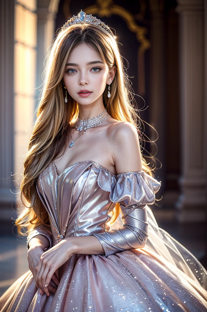 ((RAW shooting:1.5, realistic:1.5, 8K, highest quality, masterpiece, ultra high resolution)), Interior of a French royal palace, professional camera work:1.3, Highly detailed skin and facial textures:1.3, glow light effect, Super detailed:1.3, 1 cute 15 year old polish girl, Fair skin, Glossy skin, (Transparency:1.4, small face), Ultimate Cute Face:1.5, (Transparent eyes:0.9, looking far away), smile:1.0, (mouth is slightly open:0.4, Transparent taste:0.7), double eyelid, super long up blonde hair, tiara, necklace and earrings, ((How to properly wear an elegant and shiny satin princess dress off the shoulder)), cowboy shot