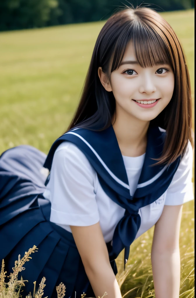 woman face closeup、a portrait photo of, Japan Person Model, 17-year-old female model,  4K、bangss、A dark-haired、bobhair、Middle hair、Straight hair、(white  shirt, Sailor School Uniform, Dark blue pleated skirt:1.2),　(Super cute face in idol style:1.2)、Perfect beautiful face、charming expression、a smile、The background  a beautiful pink peach flower field,