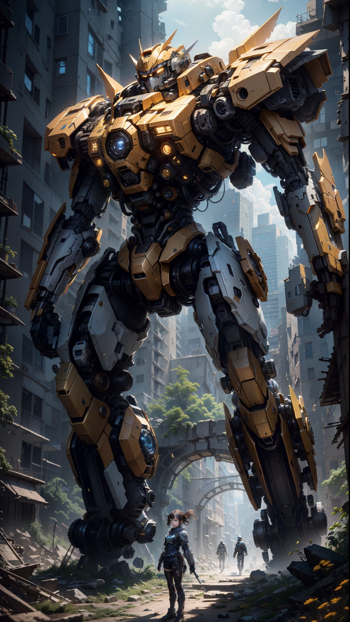 ((Best quality)), ((masterpiece)), (highly detailed:1.3), 3D,Shitu-mecha, small kid standing on the top her big mecha in the ruins of city from a forgoten war, ancient technology,HDR (High Dynamic Range),Ray Tracing,NVIDIA RTX,Super-Resolution,Unreal 5,Subsurface scattering,PBR Texturing,Post-processing,Anisotropic Filtering,Depth-of-field,Maximum clarity and sharpness,Multi-layered textures,Albedo and Specular maps,Surface shading,Accurate simulation of light-material interaction,Perfect proportions,Octane Render,Two-tone lighting,Low ISO,White balance,Rule of thirds,Wide aperature,8K RAW,Efficient Sub-Pixel,sub-pixel convolution,luminescent particles,light scattering,Tyndall effect