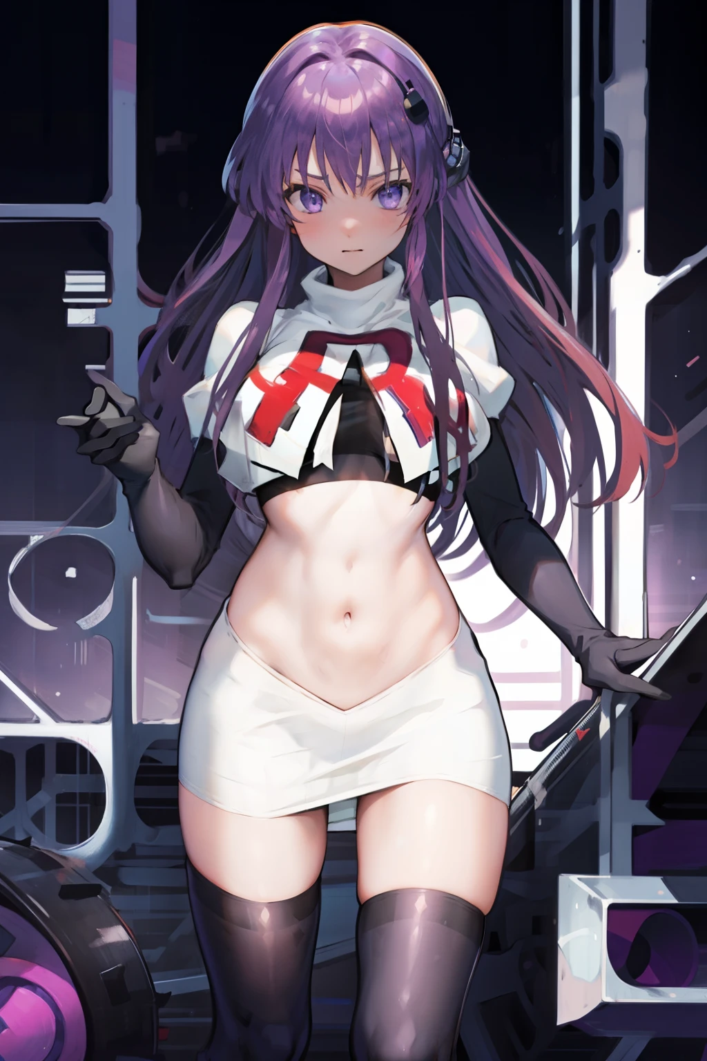 1girl,purple sister chaos,solo,
large breasts,
standing,cowboy shot,
team rocket,team rocket uniform, red letter R, white skirt,white crop top,black thigh-highs, black elbow gloves,