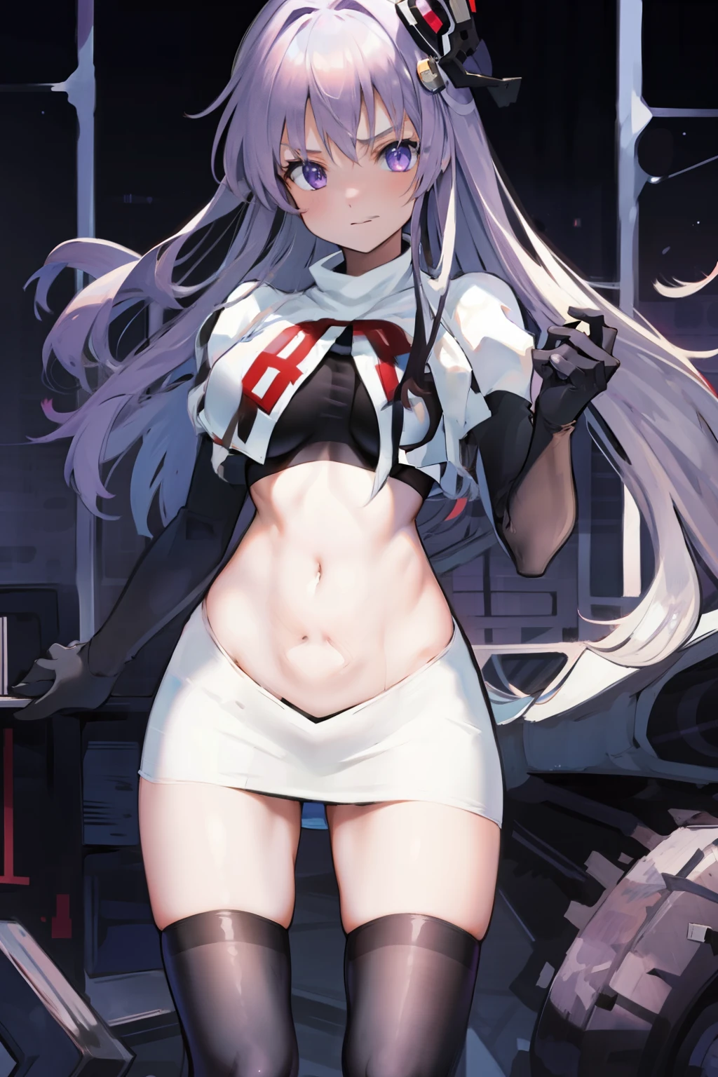 1girl,purple sister chaos,solo,
large breasts, 
standing,cowboy shot, hair ornament,
team rocket,team rocket uniform, red letter R, white skirt,white crop top,black thigh-highs, black elbow gloves,