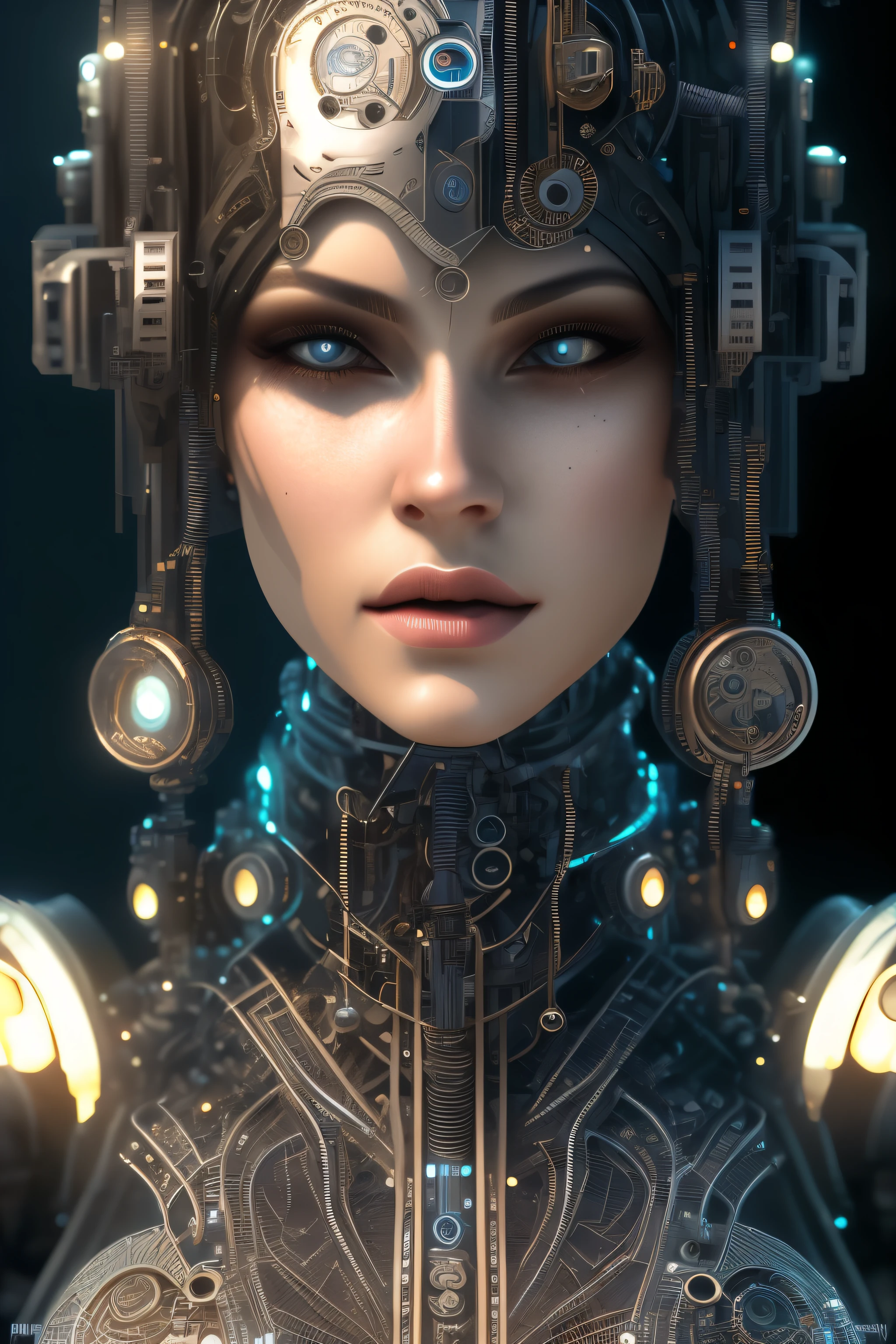 full body cyborg| full-length portrait| detailed face| symmetric| steampunk| cyberpunk| cyborg| intricate detailed| to scale| hyperrealistic| cinematic lighting| digital art| concept arjrny-v4 style