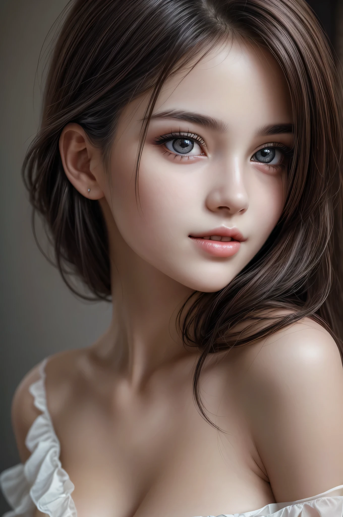 (1young girl), (Ultra realistic, high res), (highly detailed eyes, highly detailed hair, highly detailed face, highly detailed plump lips), naked, (off shoulder), breasts, upper body, caute smile, (best quality:1.4), Raw photo, (realistic, photo-realistic:1.37), professional photography, cinematic light, (fine face: 1.2),