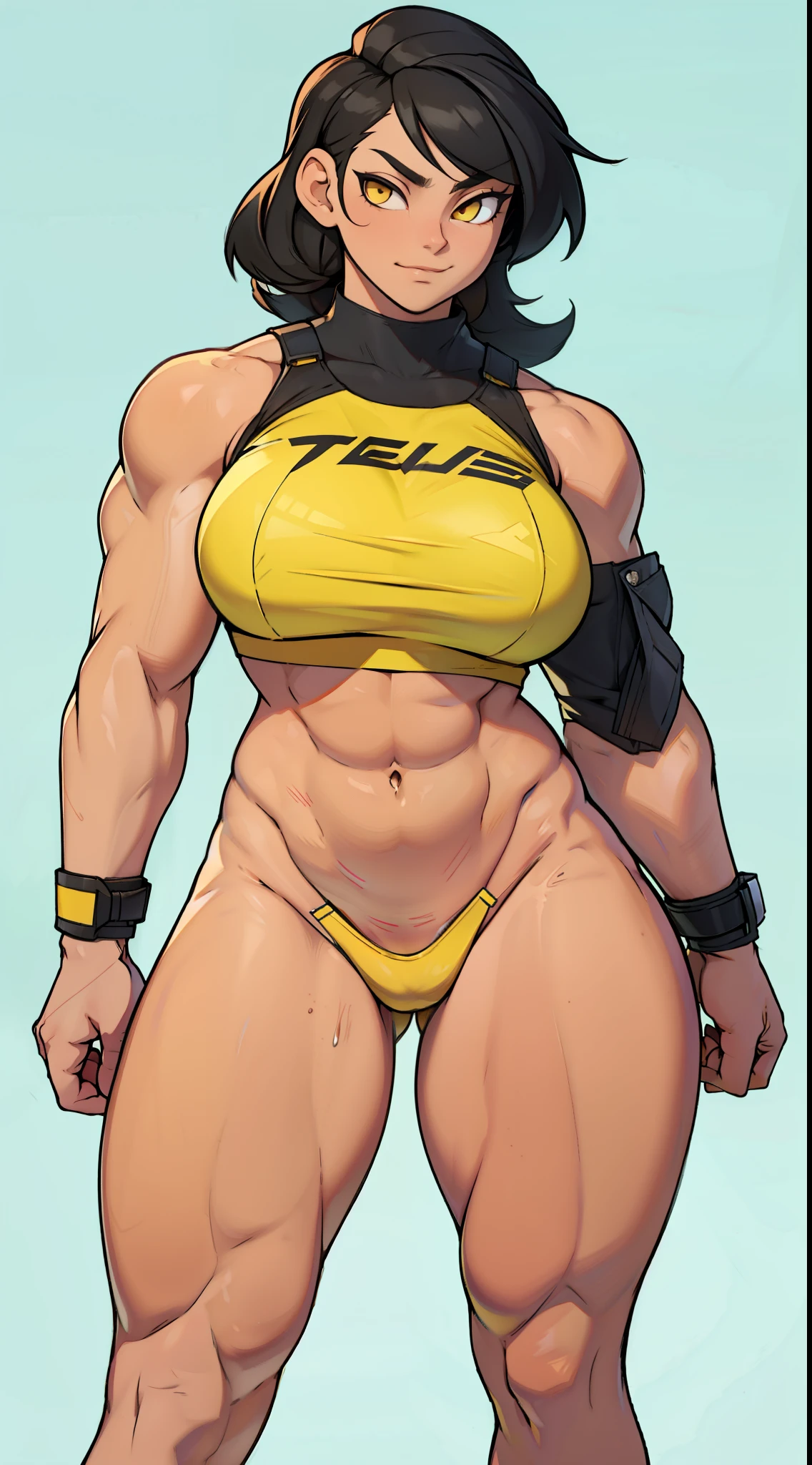 girl solo standing (((muscular girl toned body large breasts thick))) yellow eyes black hair pale skin perfect anatomy perfect anatomy perfect anatomy best quality best quality