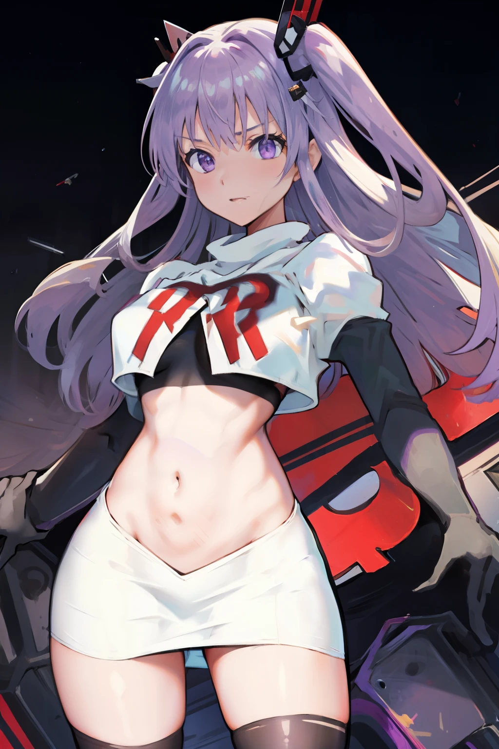 1girl,purple sister chaos,solo,
large breasts,
standing,cowboy shot, hair ornament,
team rocket,team rocket uniform, red letter R, white skirt,white crop top,black thigh-highs, black elbow gloves,
