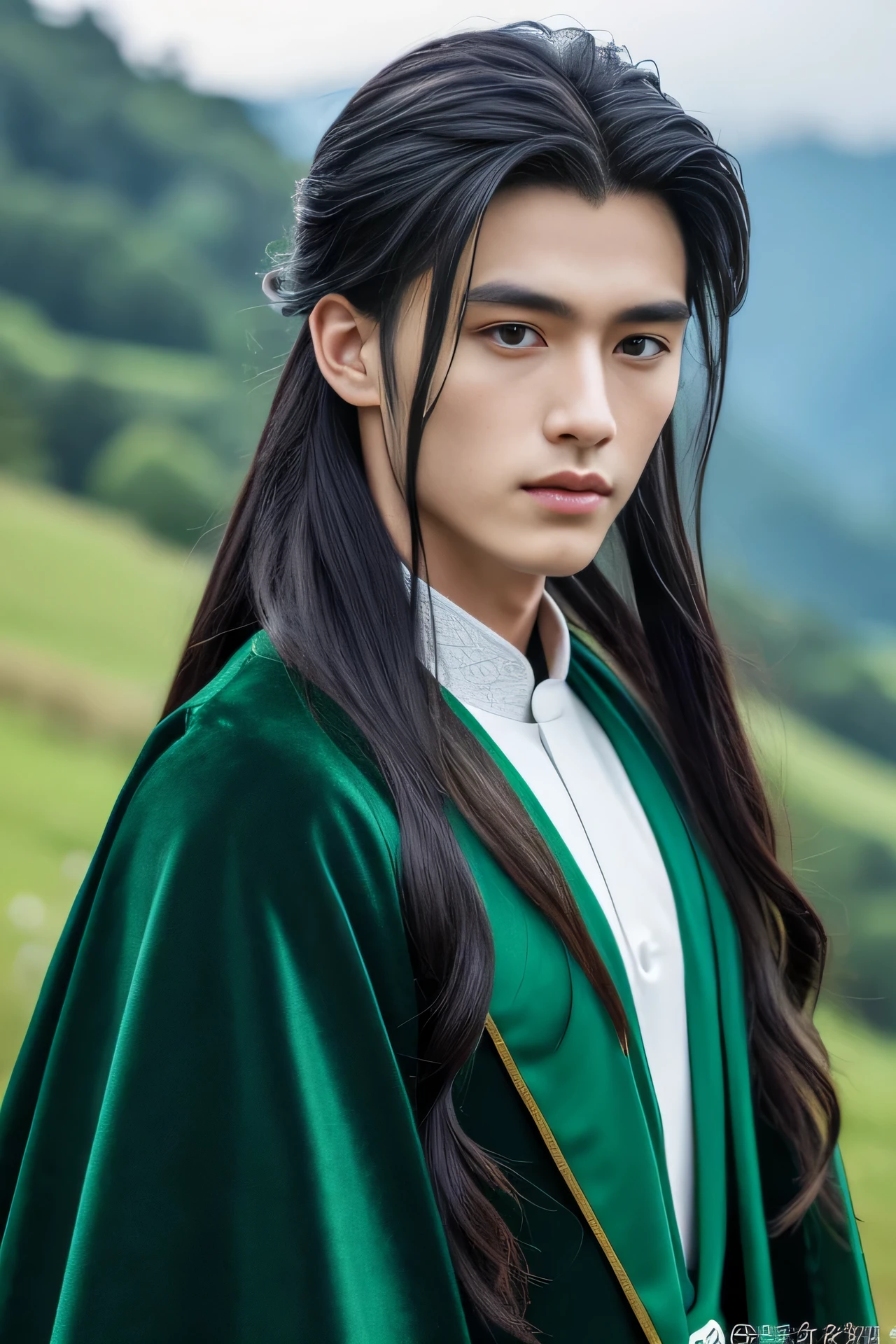 Best quality, masterpiece, ultra high res, (photorealistic:1.4), detailed face, detailed eyes, raw photo, young handsome male, black hair, ((full body)), view from top, (mountain background:1.2), perfect hands, perfect eyes, long black hair, wearing dark green long chinese clothes, dark green long cape, messy long hair, (((1 handsome male)))