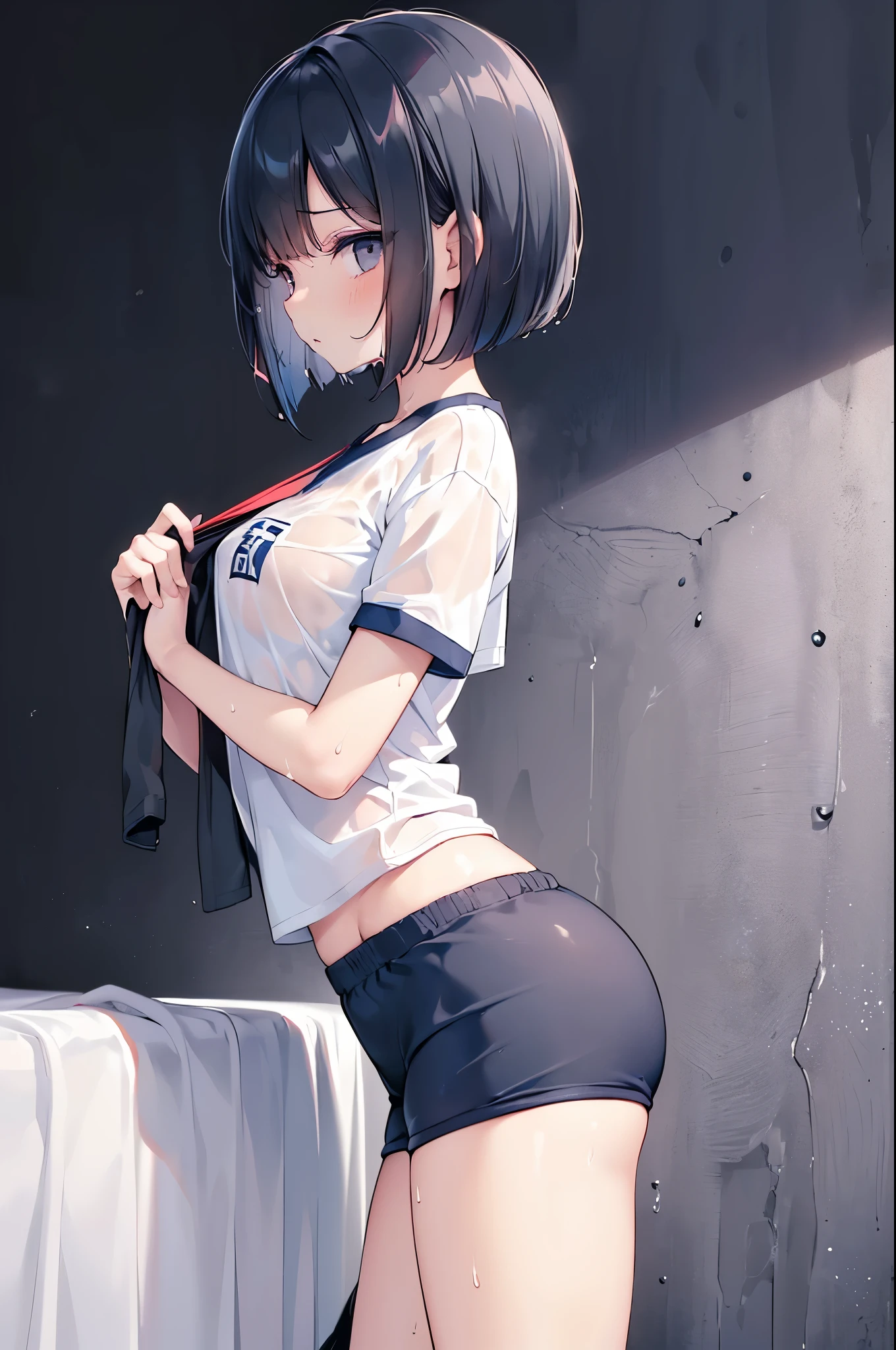((bed)), ((bed room)), (((night))), (((darkened room))), agers girl, one girl, thighs, (sweat), (wet skin), ((erotic)), ((sensual)), ((Wall background)), ((simple background)), (Close-up of a girl), warm color scheme, Extremely exquisite body, beautiful detailed glow, cinematic lighting, 4K illustration, masterpiece, best quality, by top artist, by famous artist, by plo artist, (((cool girl))), (((expressionless))), ((black eyes)), (indifferent girl), (((gym uniform))), (simple gym shirt(white)), (((gym buruma(dark Blue)))), (see through shirt), (wet shirt), (((simple standing girl))), (side viewpoint), (view from side), (Perspective from side), ((bob cut hair)), (black hair), (cowboy shot)