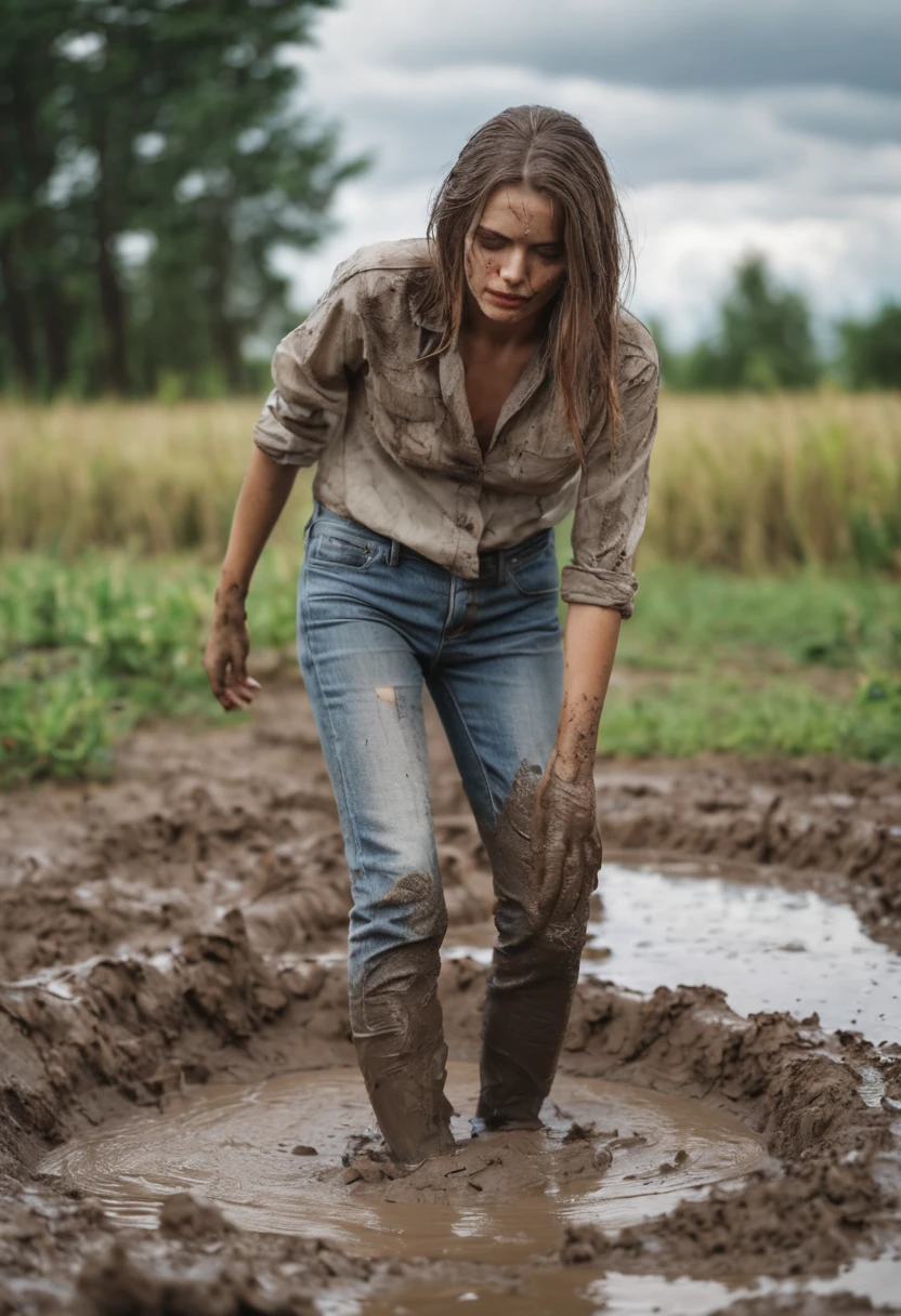 shameful fetish atmosphere,woman takes a mud bath,Jeans,covered with mud,expression of despair,blouse,драматическое освещение,соблазняет,навязчивый взгляд', high heels, show heels